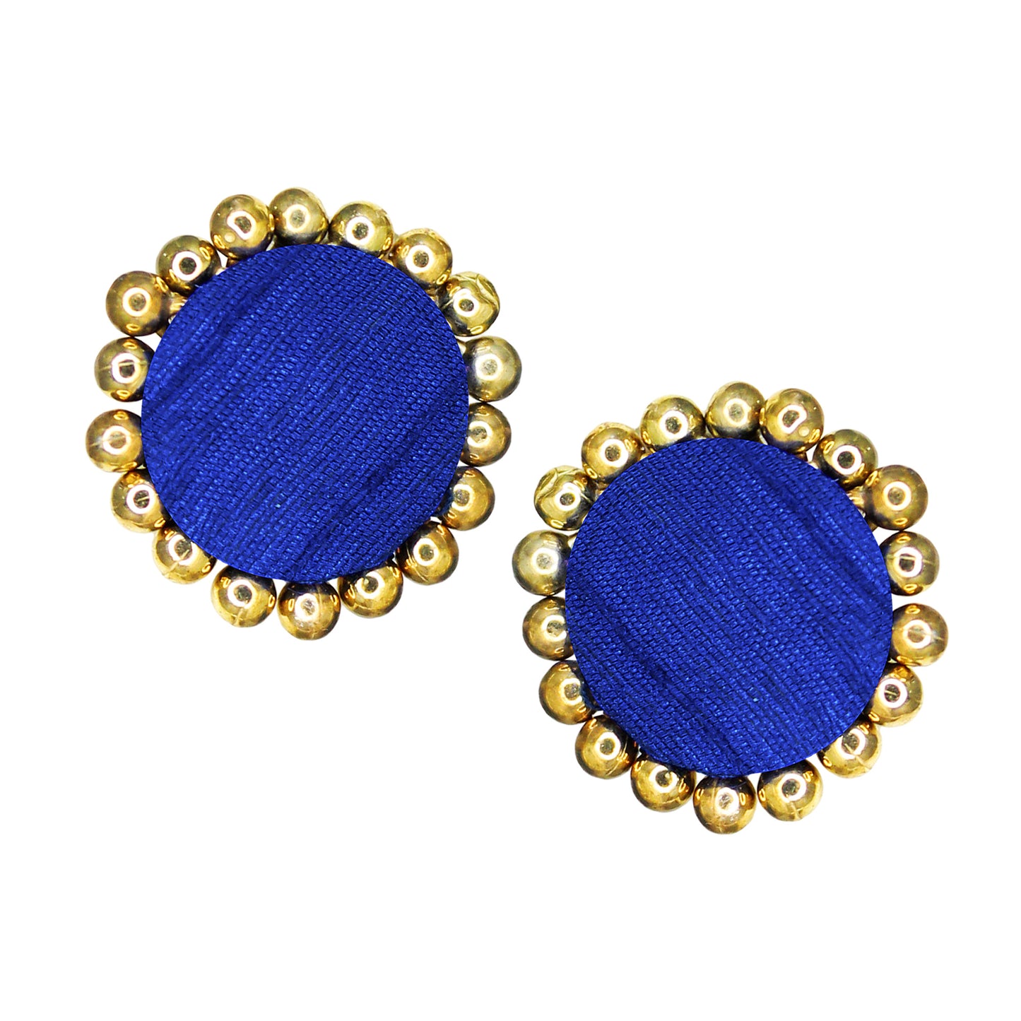 Blue Handcrafted Fabric Stud Earrings with Golden Accents