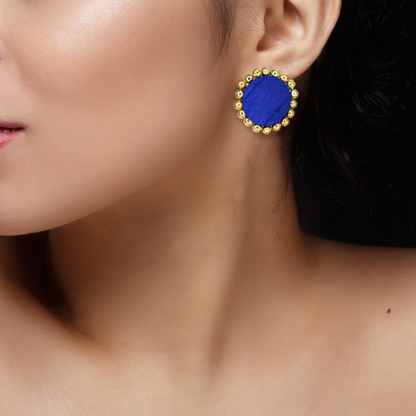 Blue Handcrafted Fabric Stud Earrings with Golden Accents