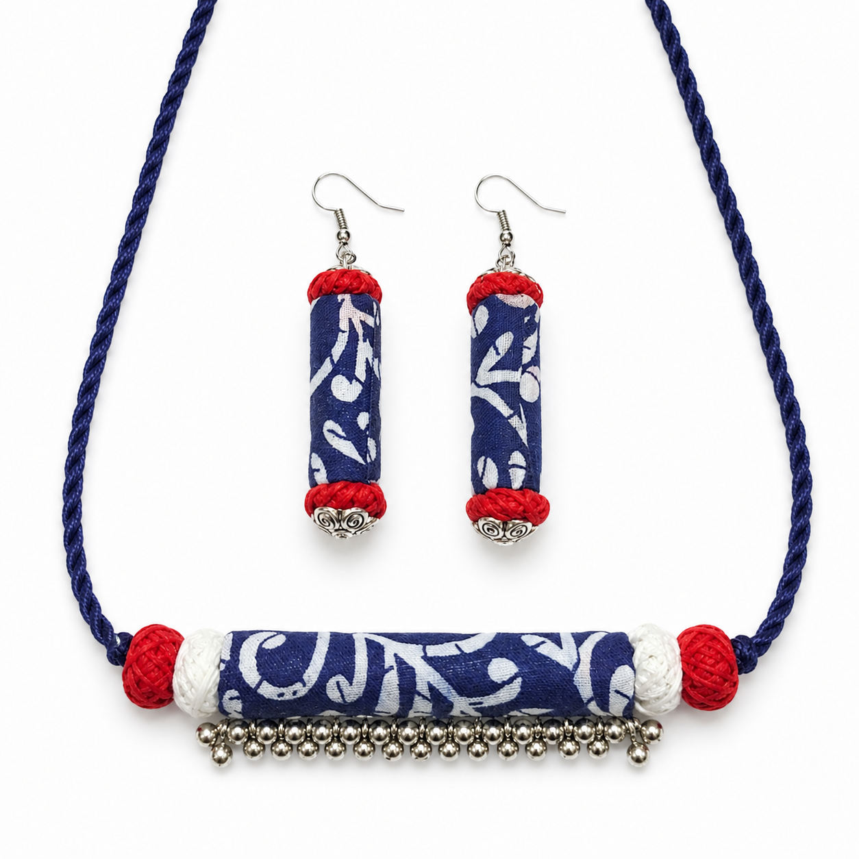 Handcrafted Indigo Blue-Red Fabric Ghunghroo Choker Necklace Set with Earrings