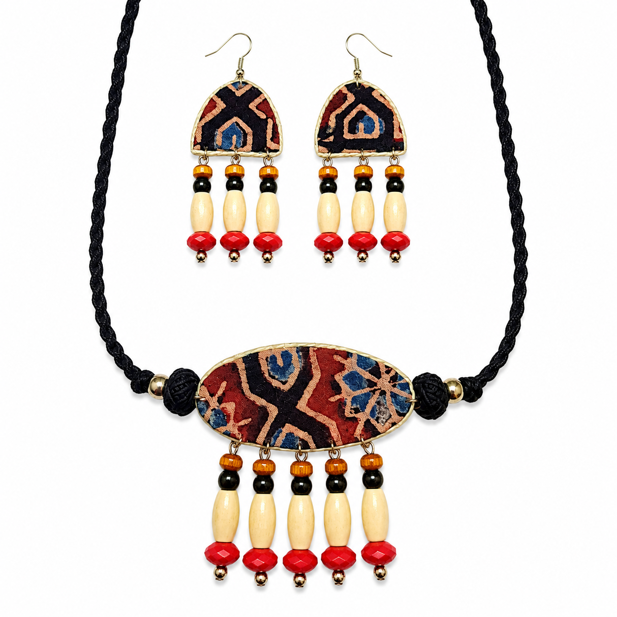 Handcrafted Black Ajrakh Fabric Choker Set with Boho wooden beads