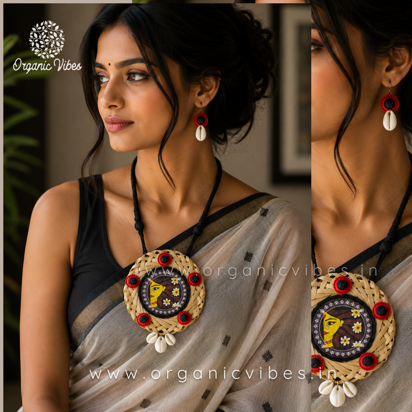 Handmade Fabric Pendant Set with Cowrie Shells & Hand painted Goddess on Bamboo Fiber | Necklace with Earrings | Sustainable Tribal Jewellery- Red