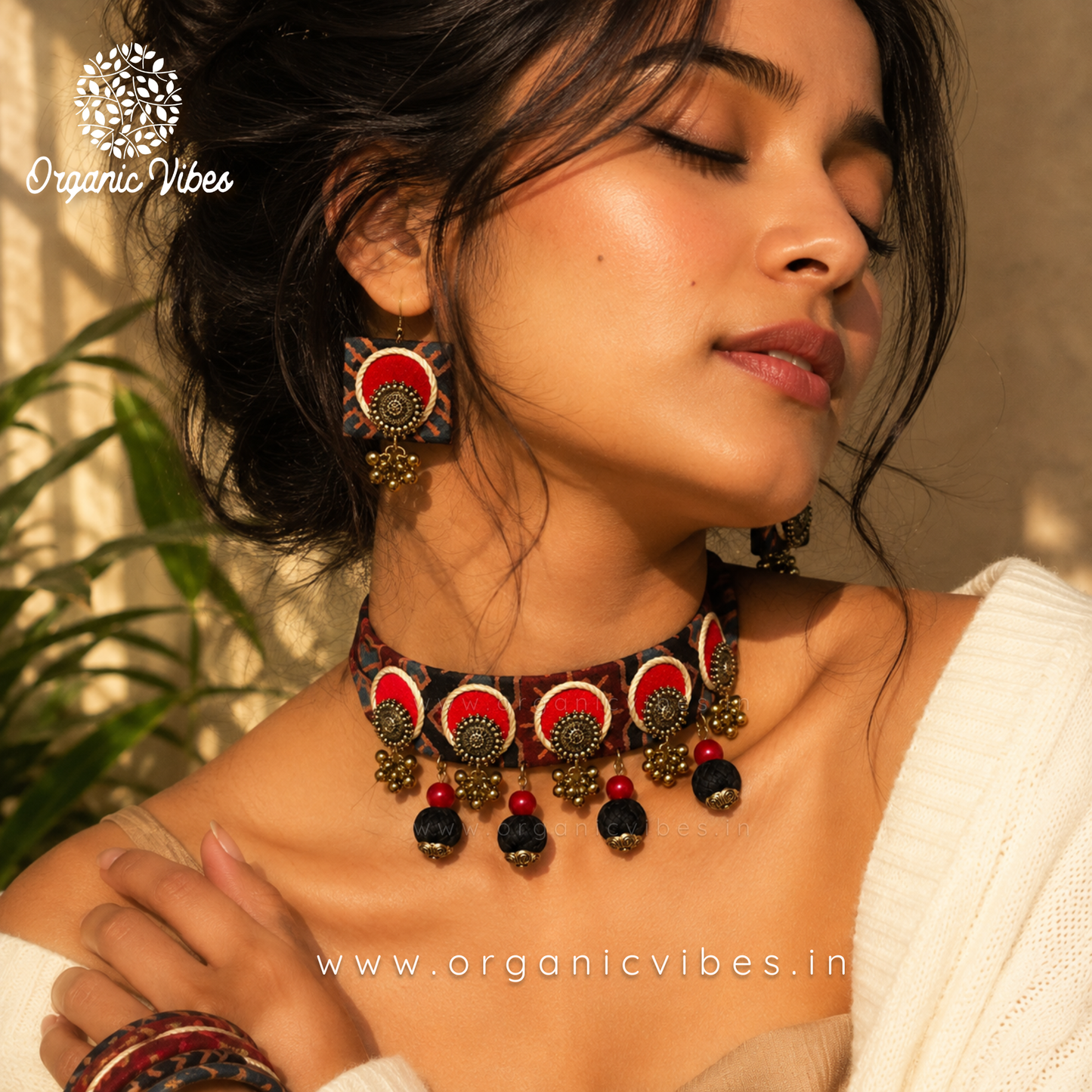 Handcrafted Black Red Ajrakh Fabric Choker Necklace Set with Earrings