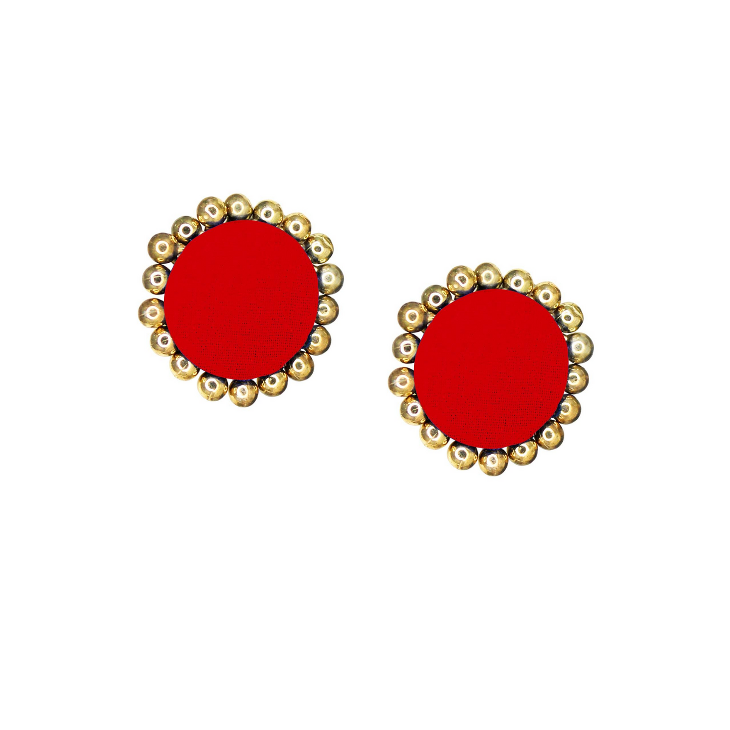 Red Handcrafted Fabric Stud Earrings with Golden Accents