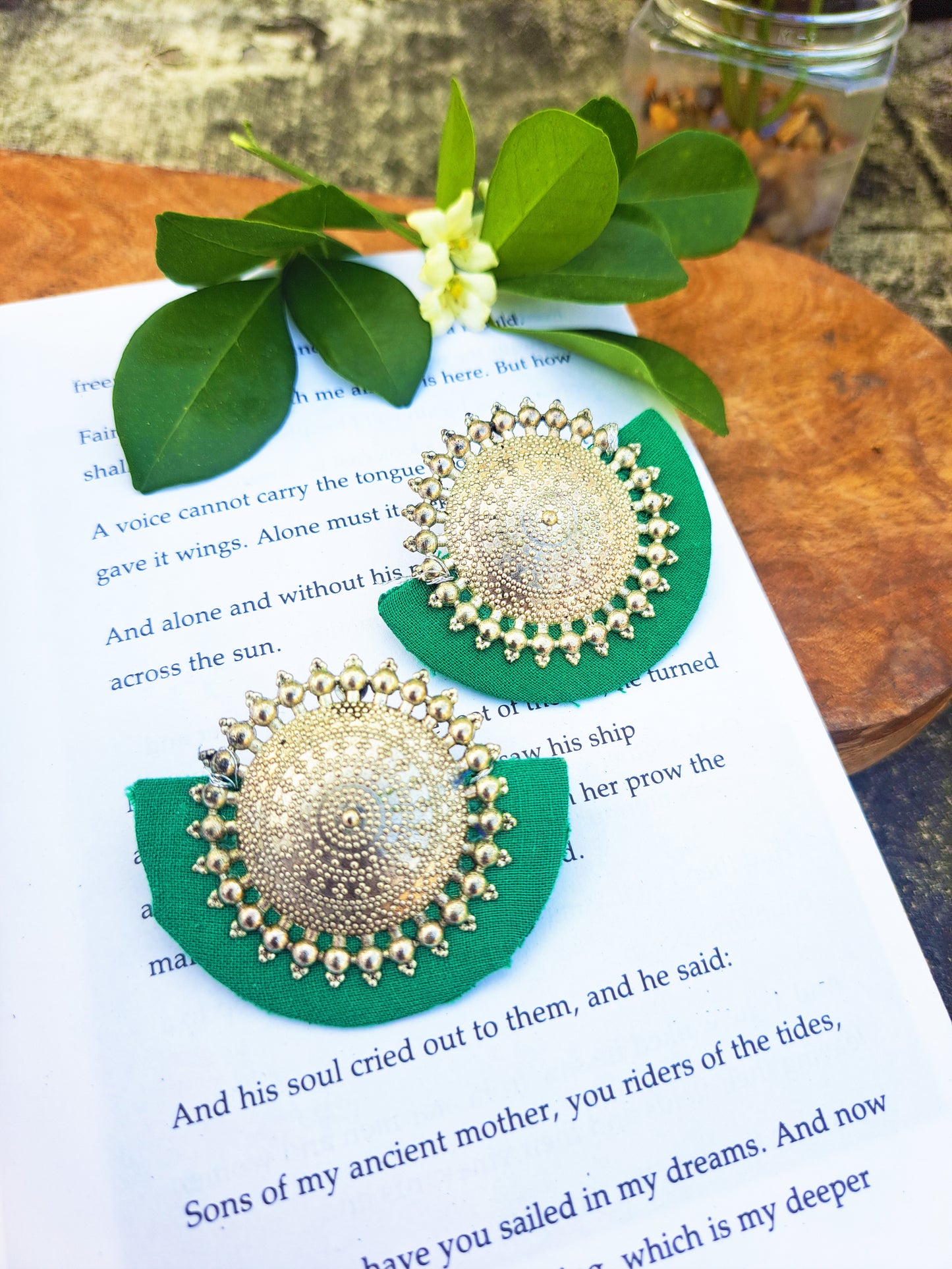 Handmade Temple Design Green Big Stud Fabric Earrings For Women
