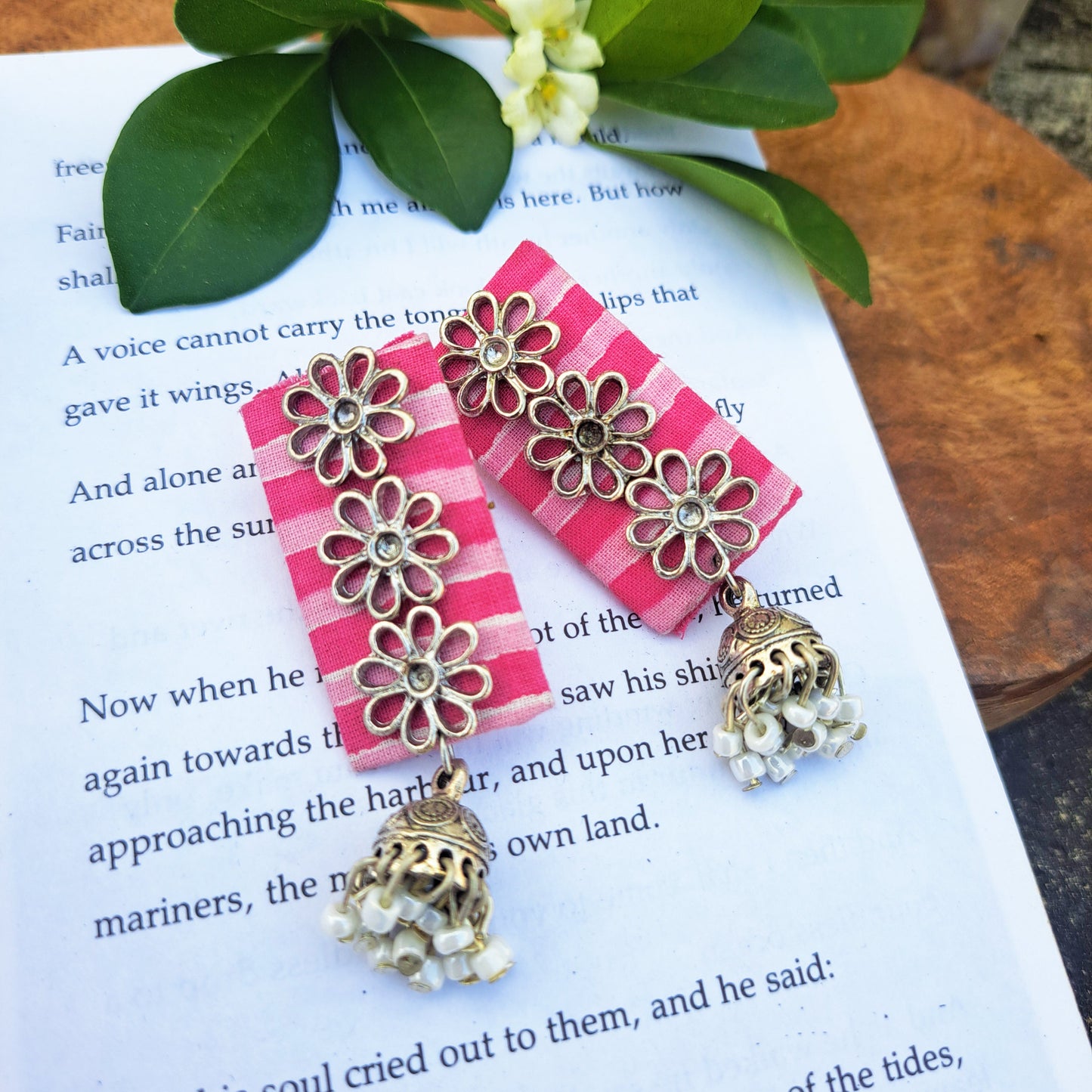 Handmade Pink Floral design Jhumki Fabric Earrings For Women
