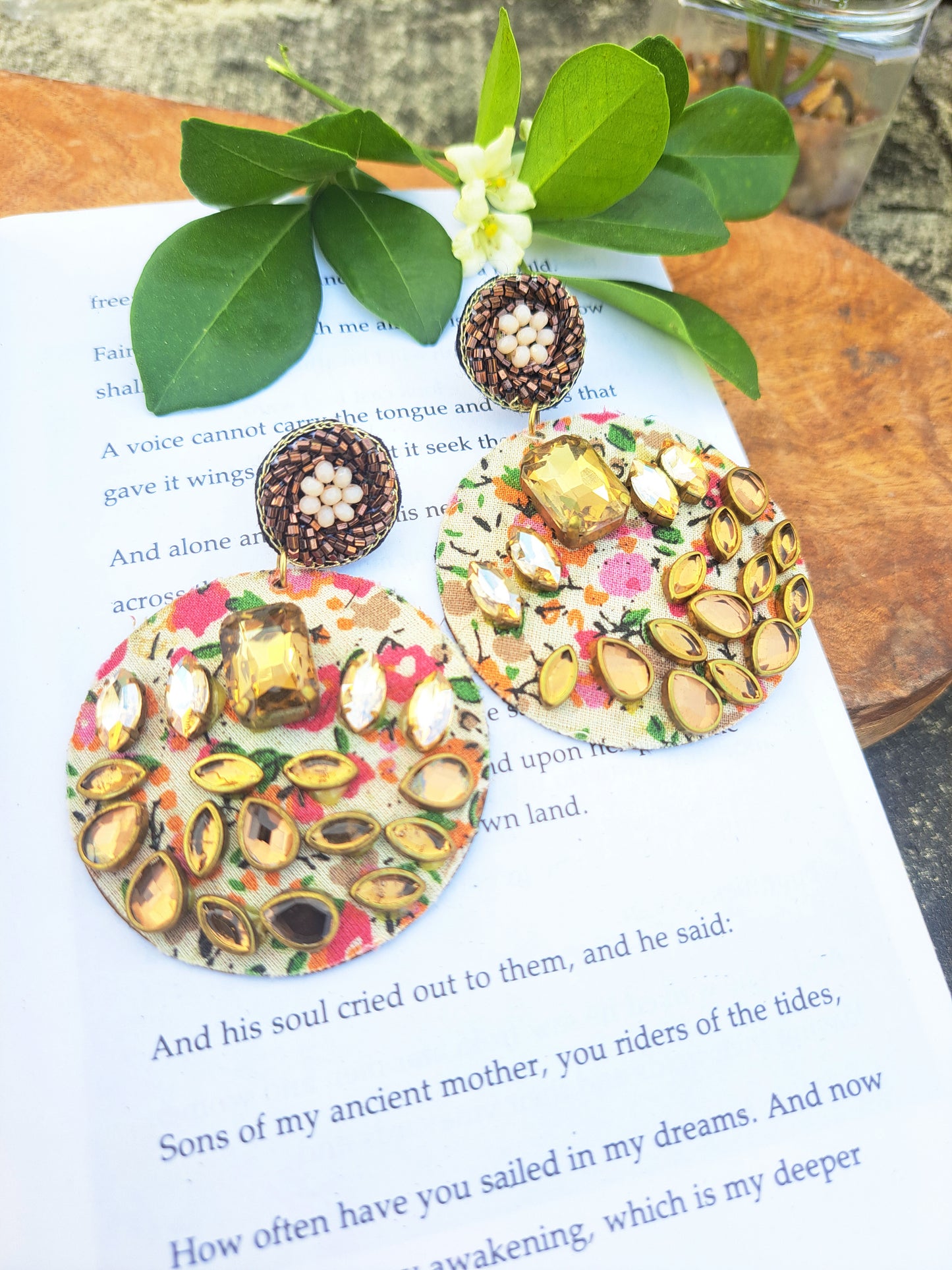 Handmade Floral Design Multi Colour With CZ Stones Dangler Fabric Earrings For Women