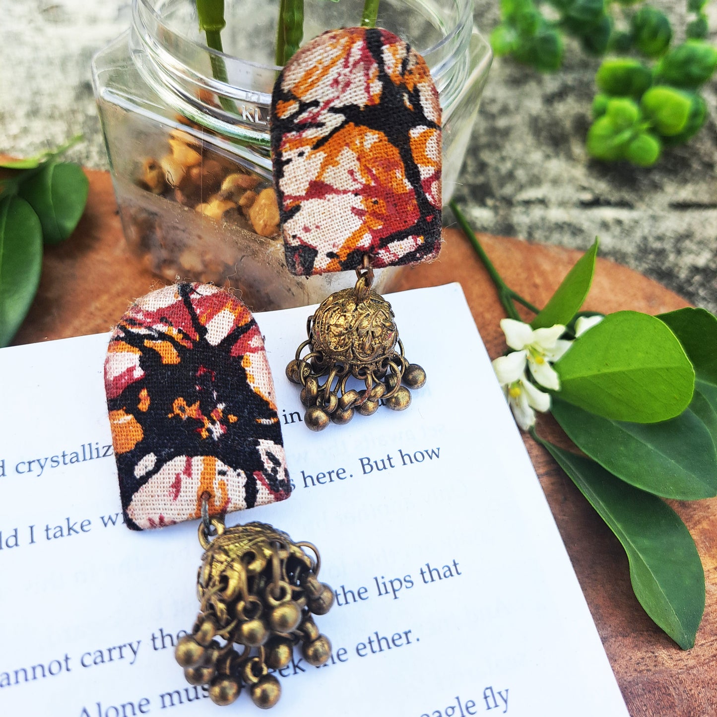 Handmade Unique Multi Colour Tie Dye Print With Golden Jhumki Fabric Earrings For Women