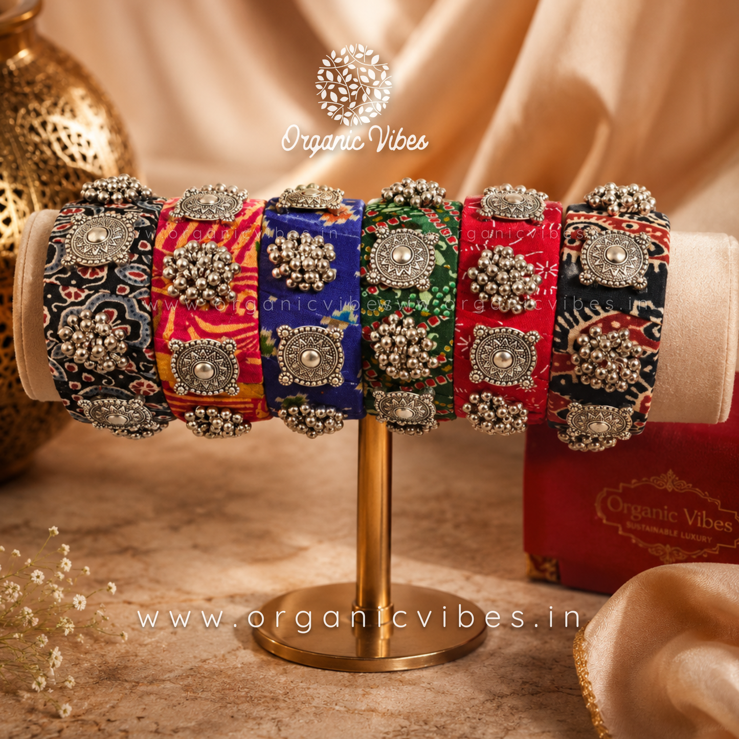 Handmade Colorful Fabric Bangle Set of 6 | Thick Textile Bangles with Oxidized Charms & Ghungroos | Sustainable Ethnic Jewelry for Women