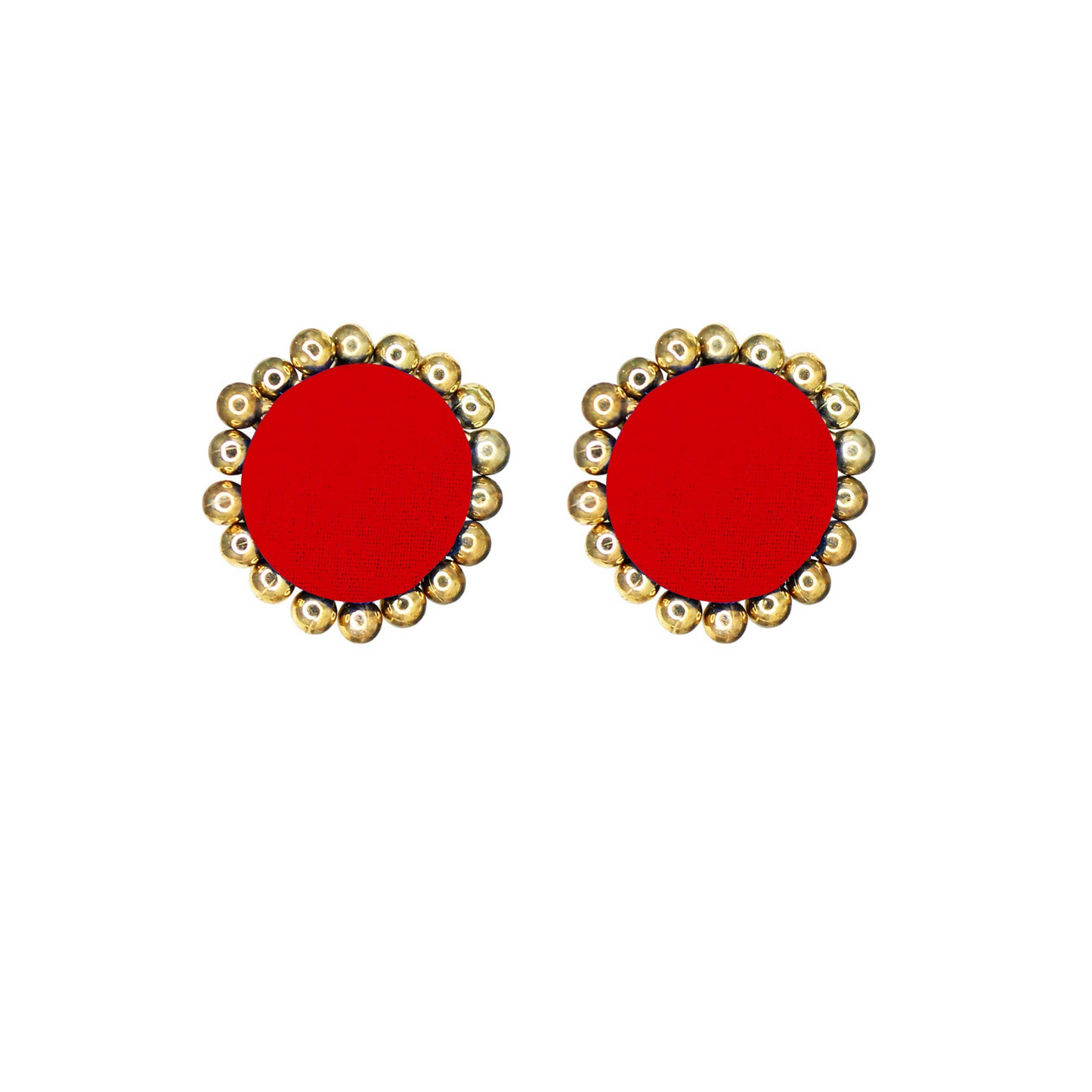 Red Handcrafted Fabric Stud Earrings with Golden Accents