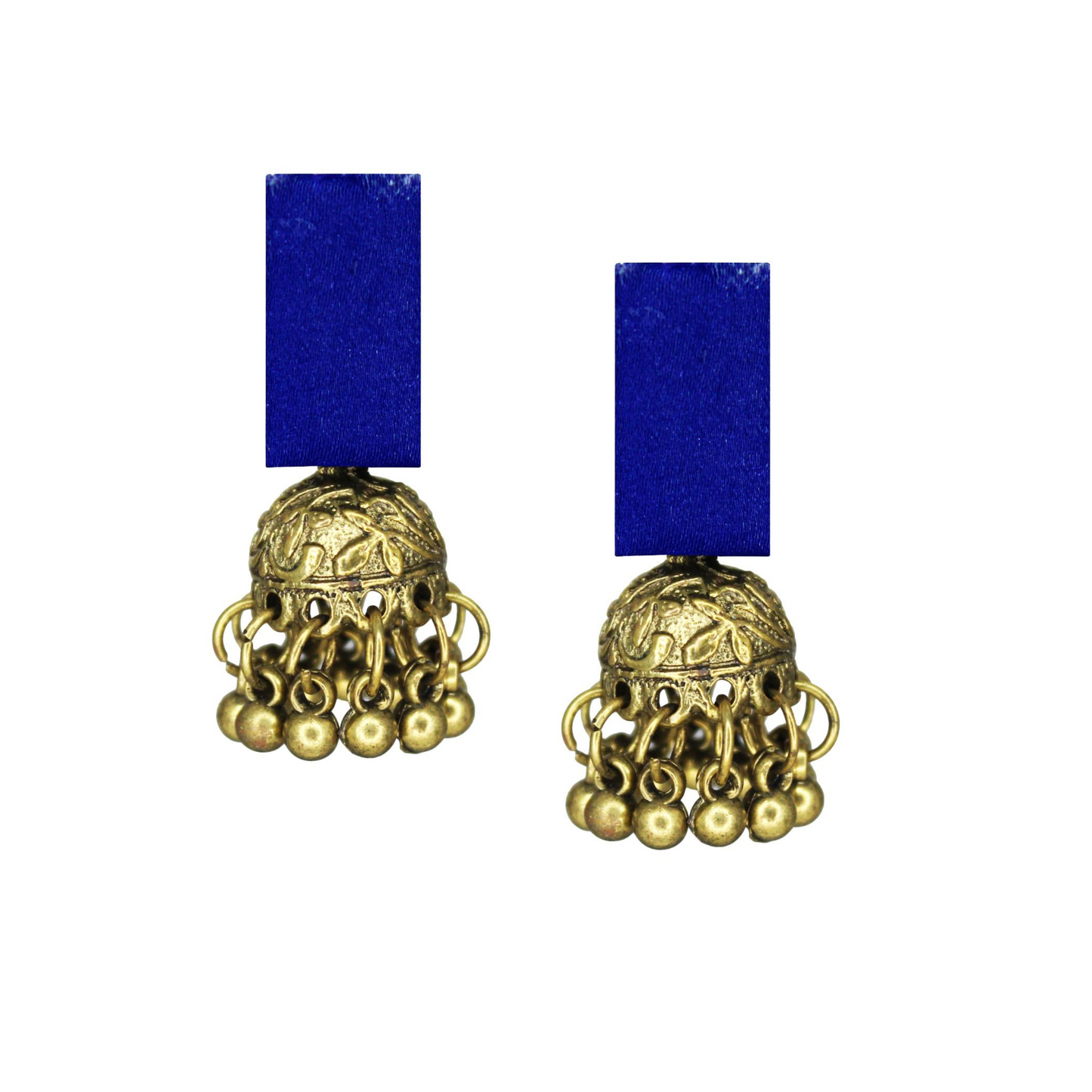 Handcrafted Blue Fabric Earrings with Golden Brass Jhumki