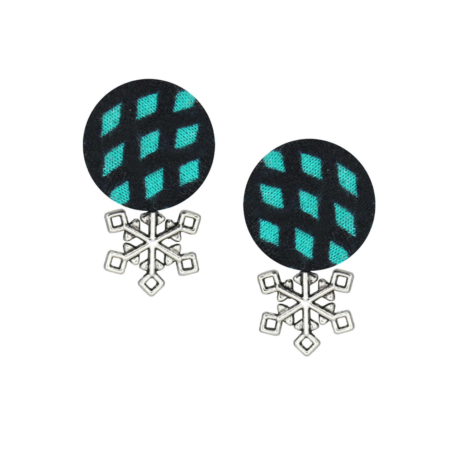 Handcrafted Upcycled Fabric Stud Earrings – Black & Teal with Silver Brass Snowflake
