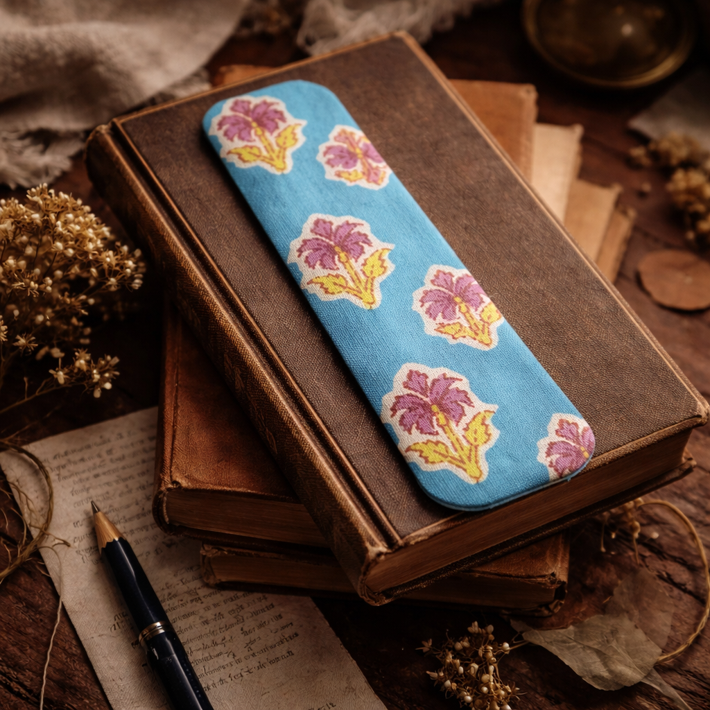 Handcrafted Teal-Blue Block Printed Fabric Bookmark | Sustainable Zero Waste Bookmark | Reusable Eco Friendly Bookmark for Books & Journals