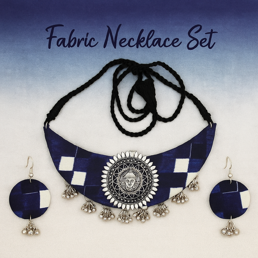 Handmade Blue Block Printed Durga Fabric Necklace Set For Women