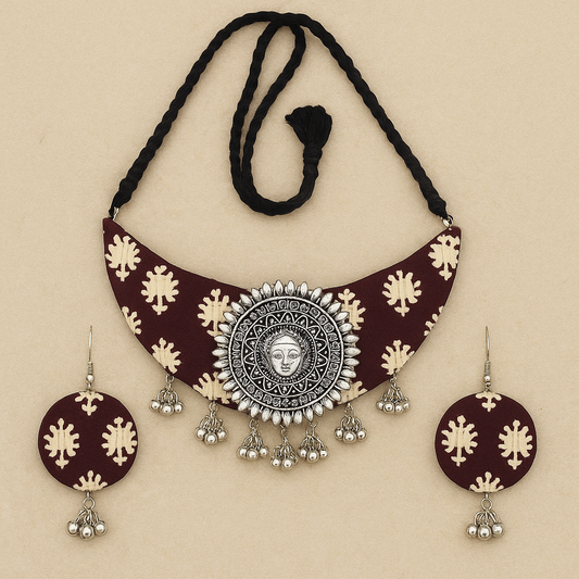 Handmade Floral Hand Block Printed Brown Fabric Necklace Set For Women