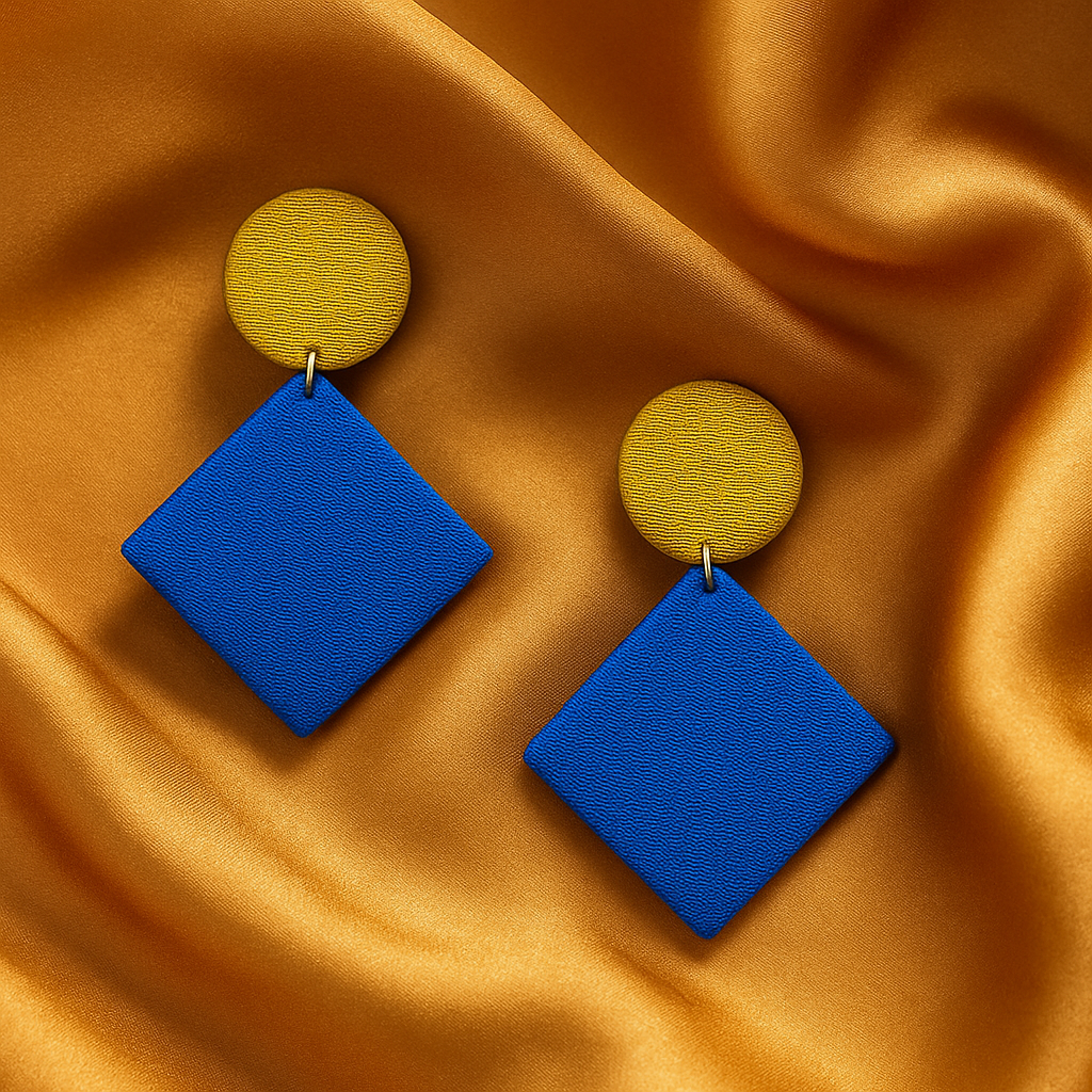 Handmade Blue Olive Minimalistic Geometrical Shape Antique Dangler Fabric Earrings For Women