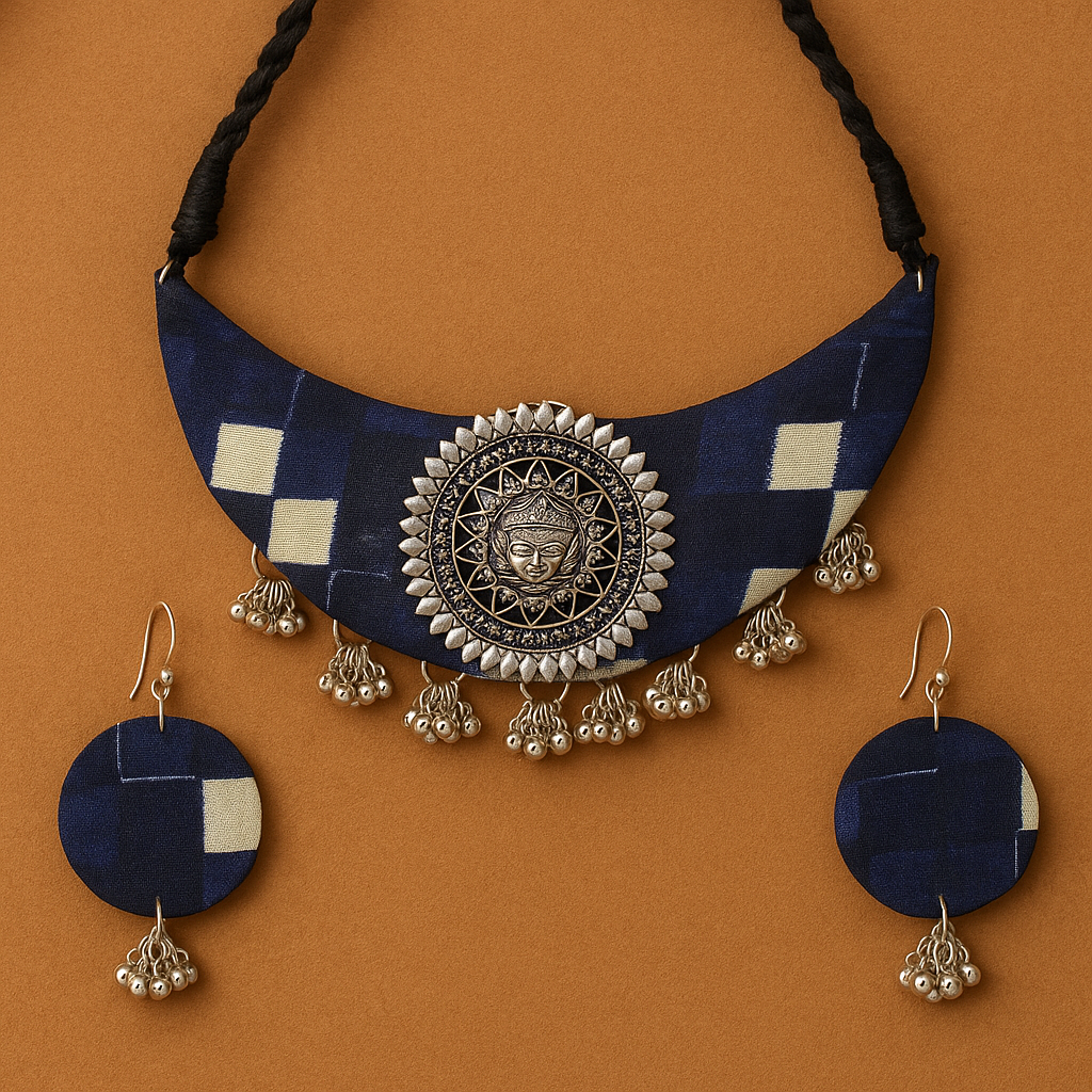 Handmade Blue Block Printed Durga Fabric Necklace Set For Women