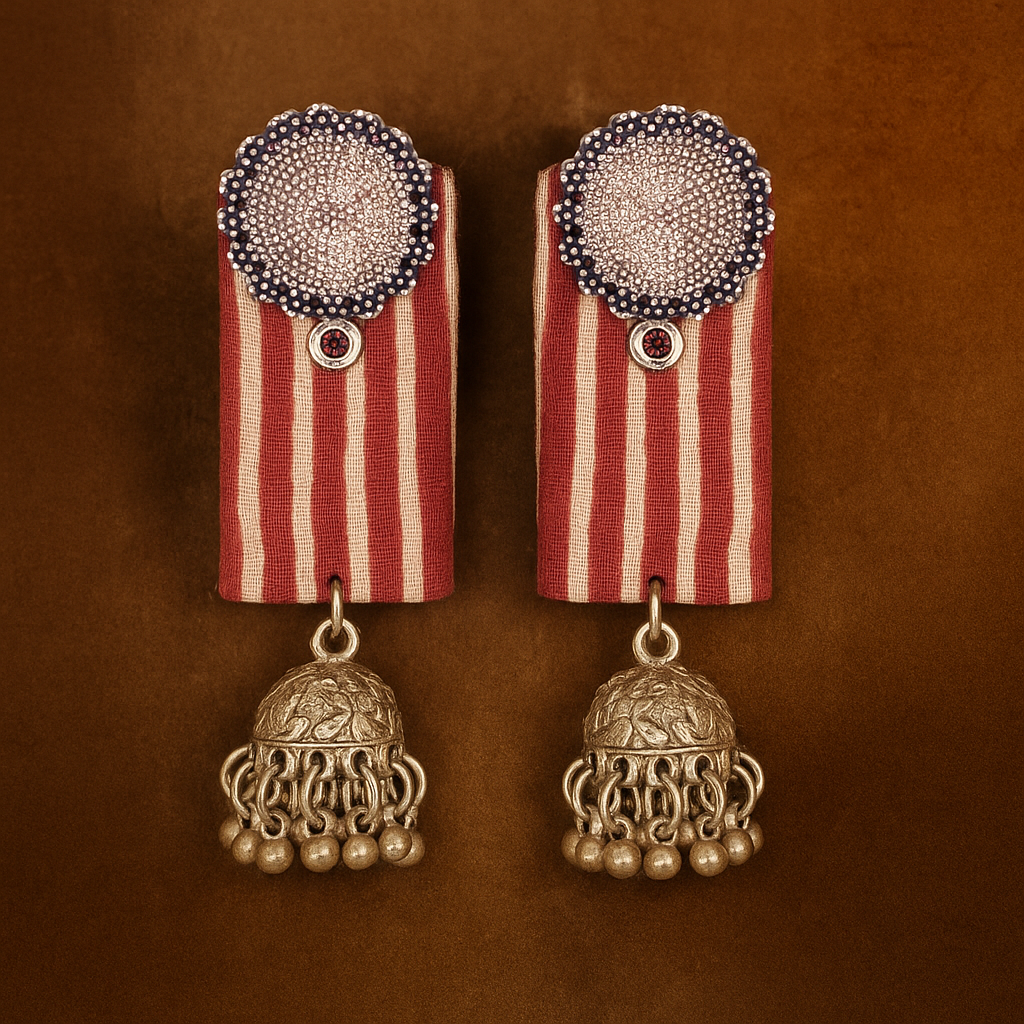 Handmade Red-White Striped With Floral Stud And Jhumki Fabric Earrings For Women