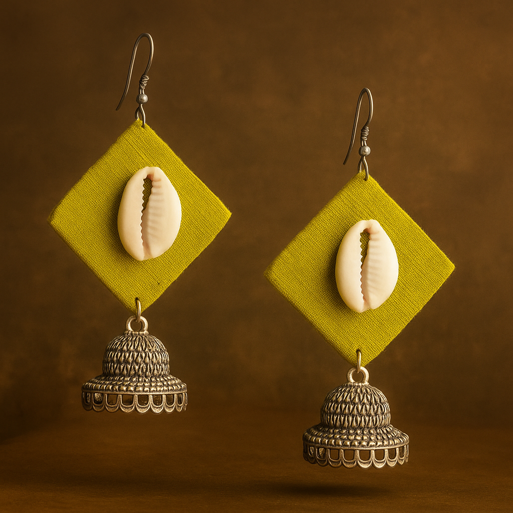 Handcrafted Green Fabric Earrings with Silver Jhumka