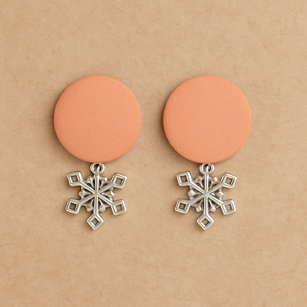 Handcrafted Sustainable Peach Fabric Stud Earrings with Silver Snowflake Charm