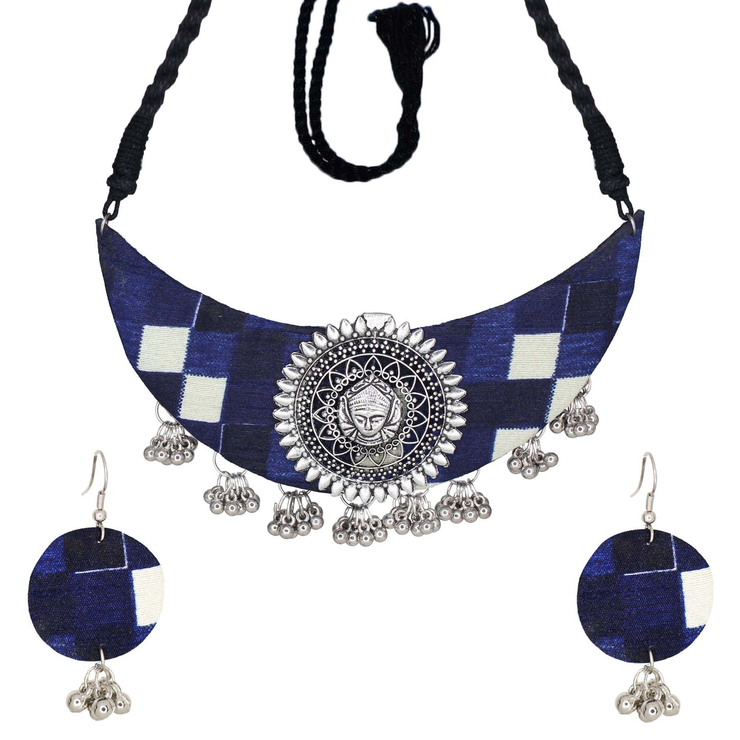 Handmade Blue Block Printed Durga Fabric Necklace Set For Women