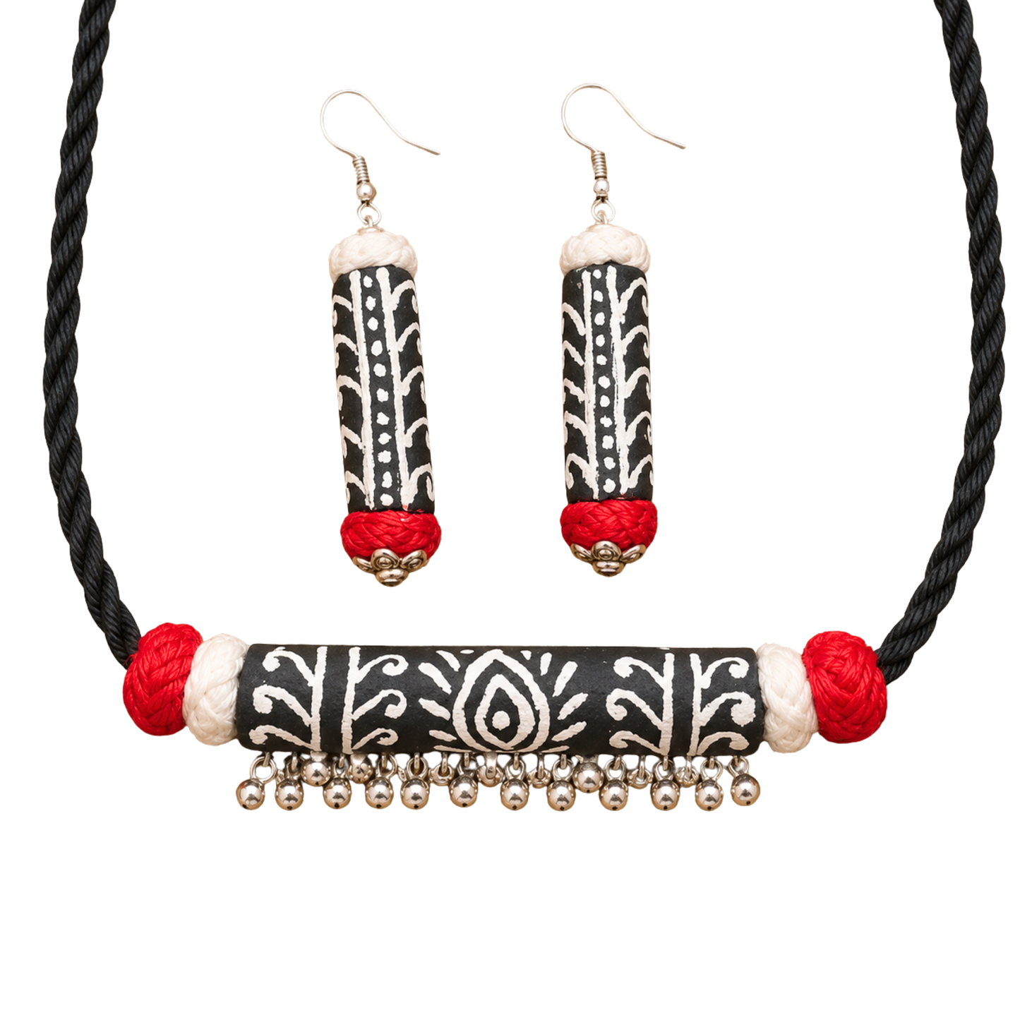 Handcrafted Black White Tribal Fabric Choker Necklace Set with Earrings
