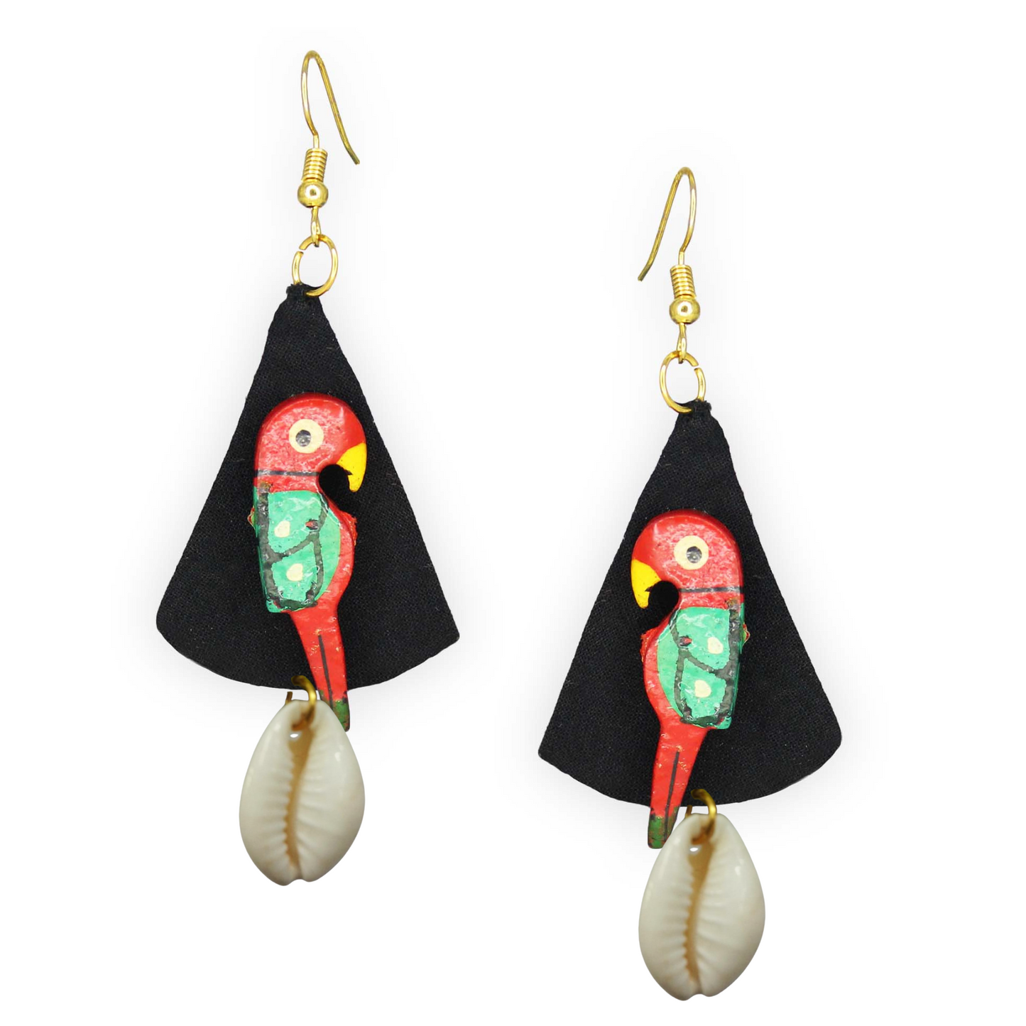 Sustainable Fabric Earrings with Wooden Parrots & Cowrie Shells – Handcrafted Boho Jewelry