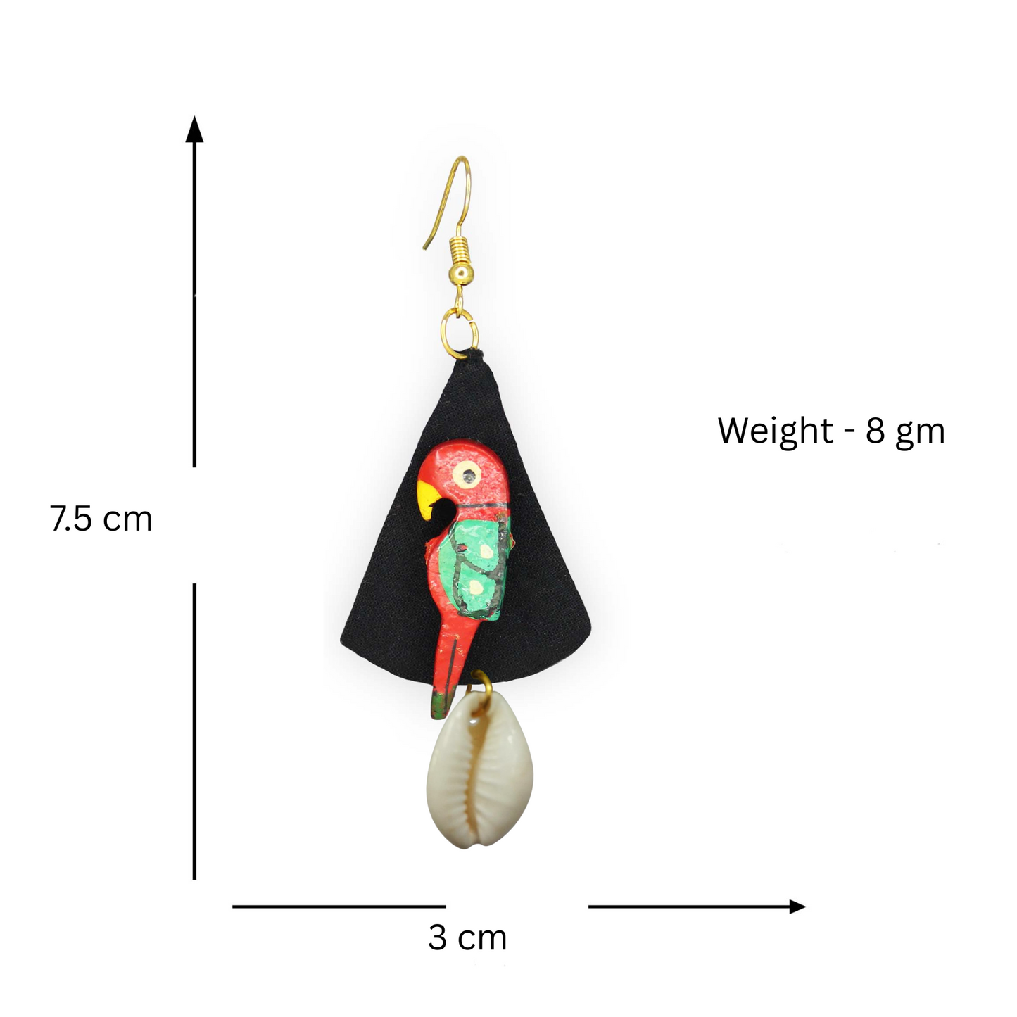 Sustainable Fabric Earrings with Wooden Parrots & Cowrie Shells – Handcrafted Boho Jewelry