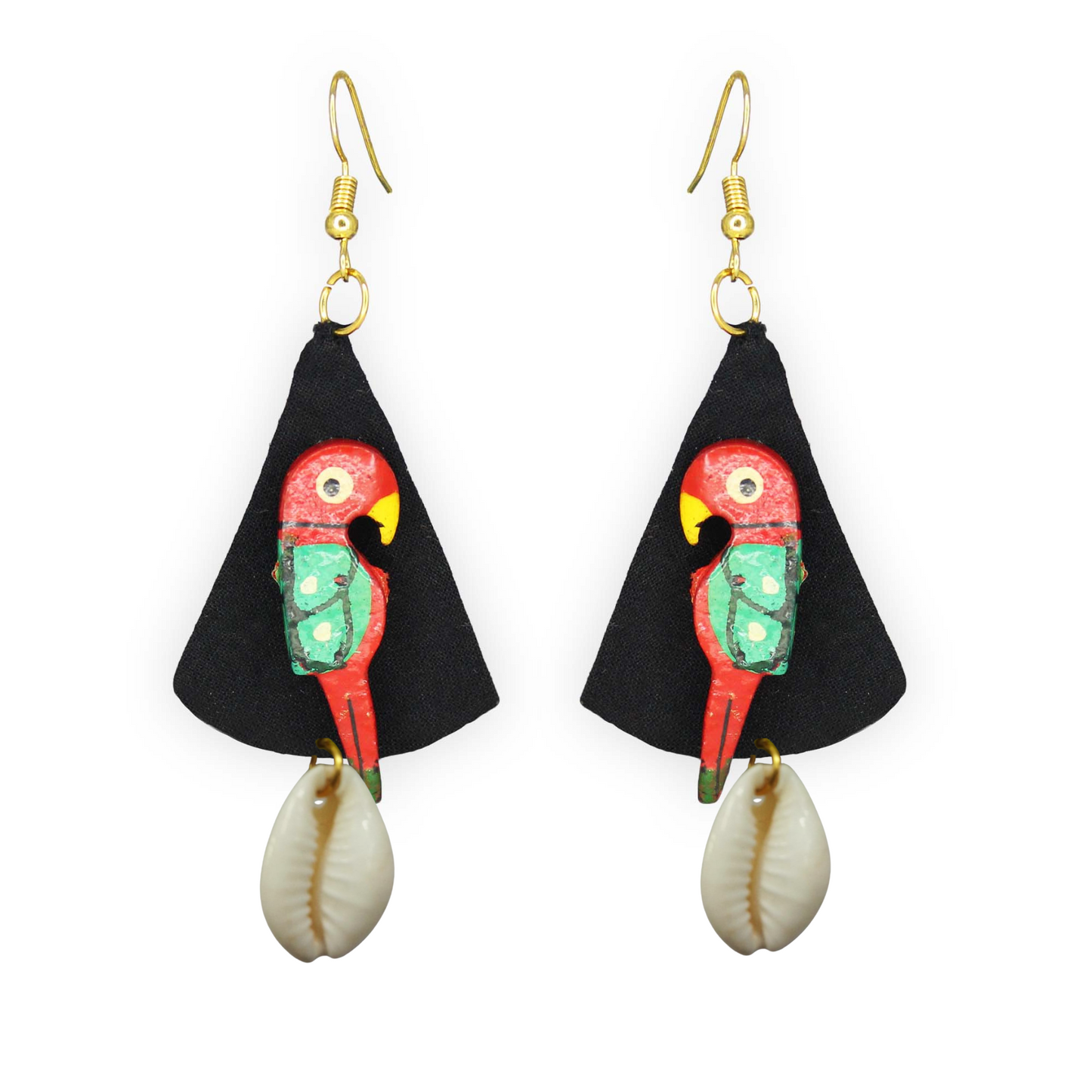 Sustainable Fabric Earrings with Wooden Parrots & Cowrie Shells – Handcrafted Boho Jewelry