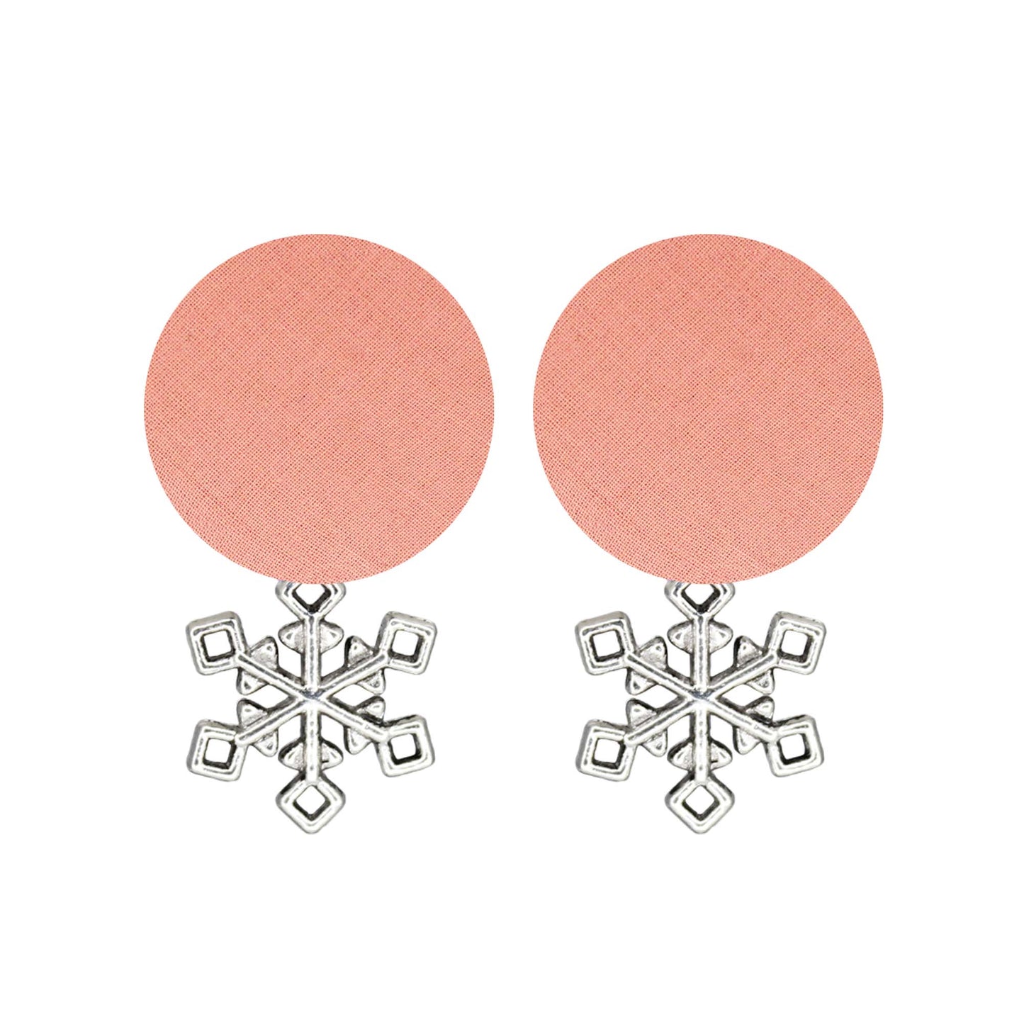 Handcrafted Sustainable Peach Fabric Stud Earrings with Silver Snowflake Charm
