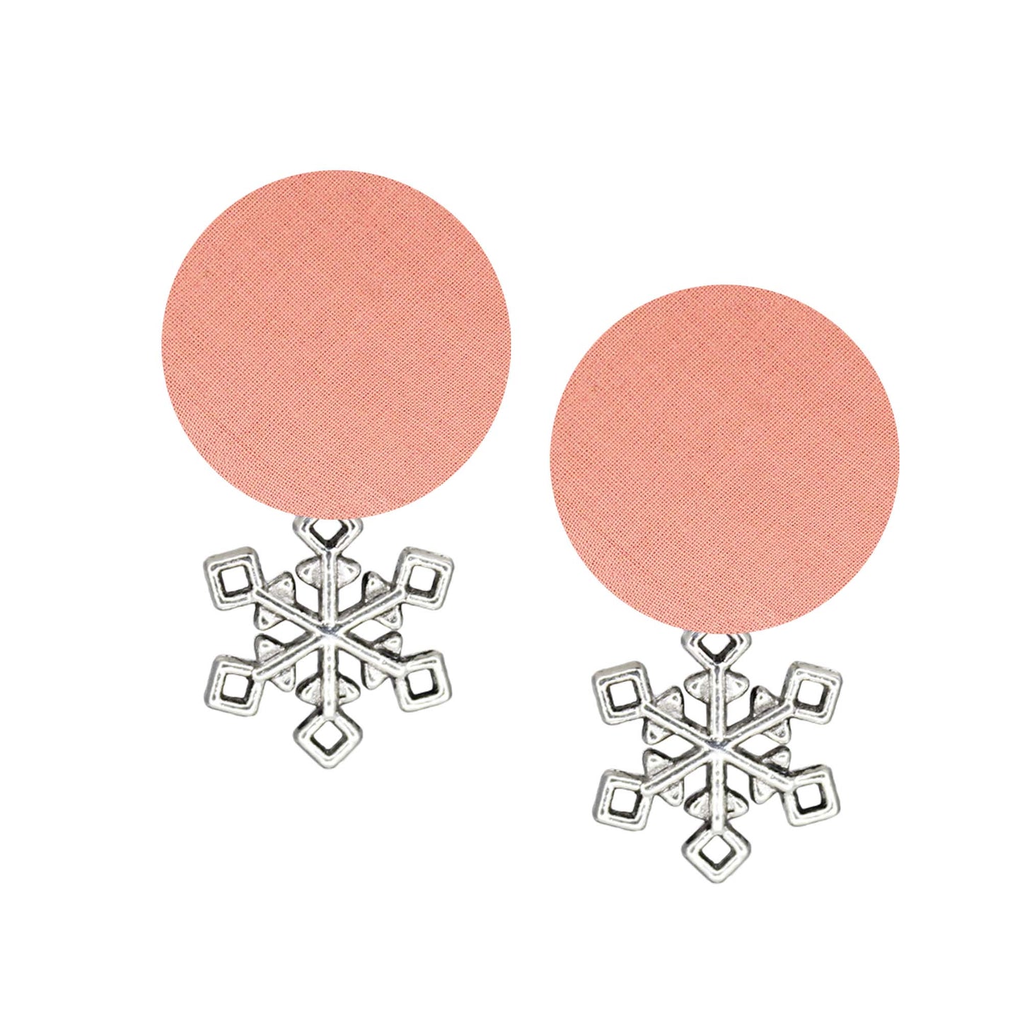Handcrafted Sustainable Peach Fabric Stud Earrings with Silver Snowflake Charm