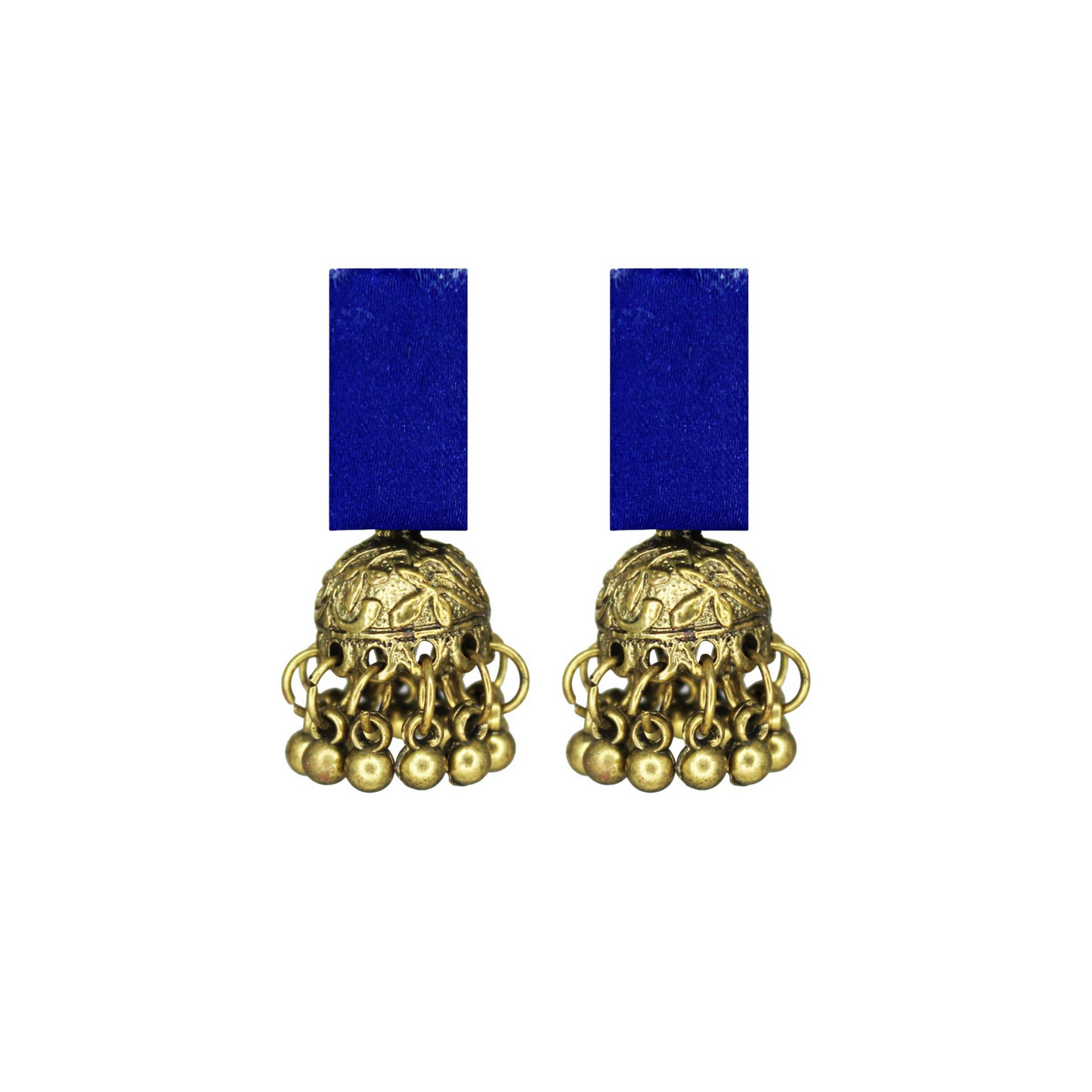 Handcrafted Blue Fabric Earrings with Golden Brass Jhumki