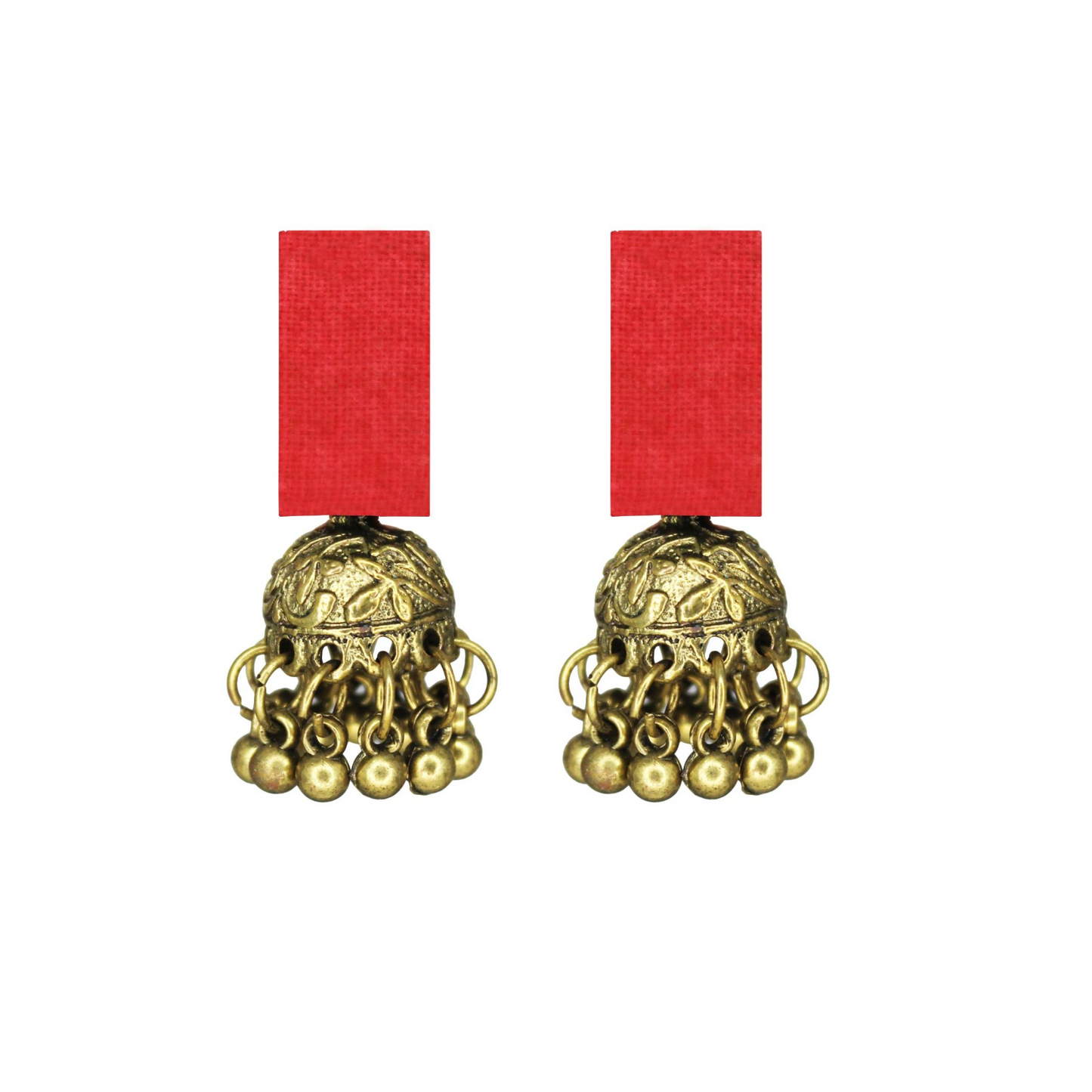 Handcrafted Red Fabric Earrings with Golden Brass Jhumki