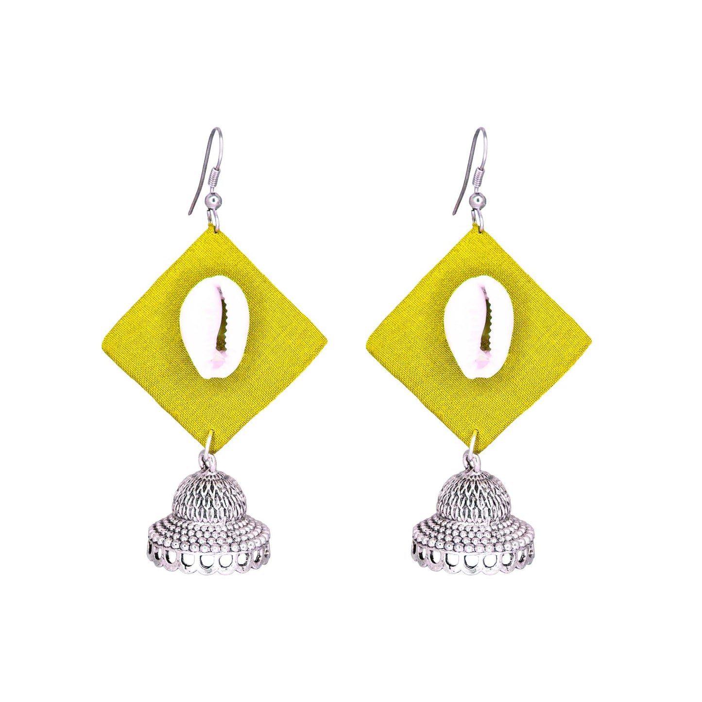 Handcrafted Green Fabric Earrings with Silver Jhumka