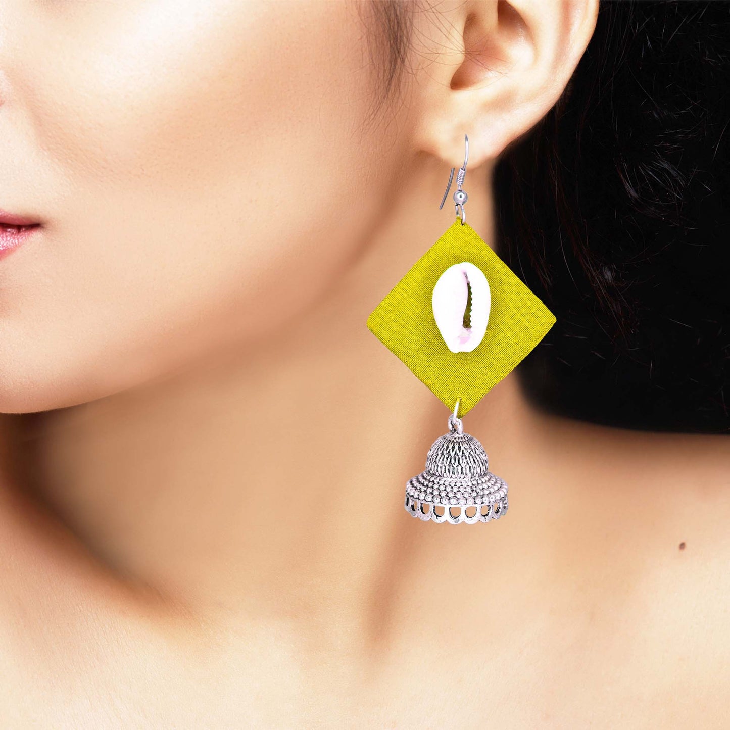 Handcrafted Green Fabric Earrings with Silver Jhumka