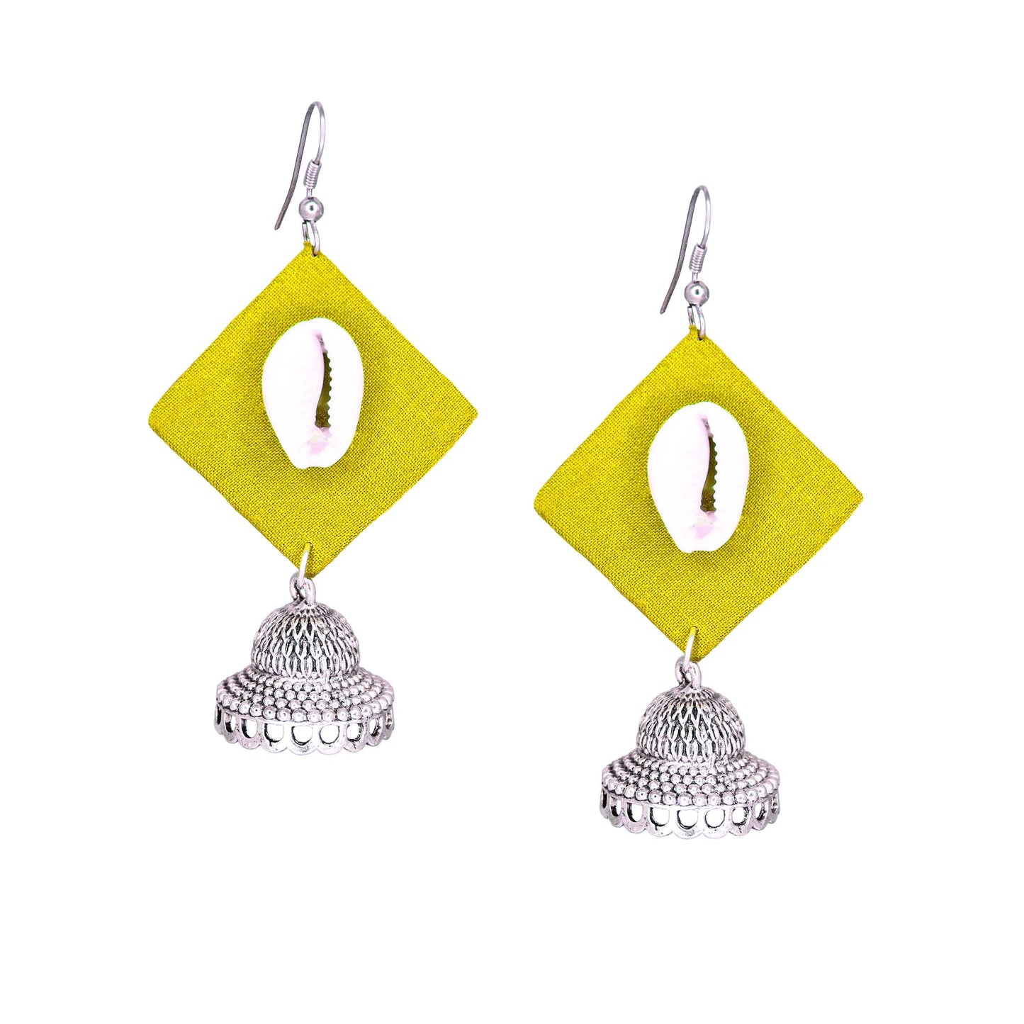 Handcrafted Green Fabric Earrings with Silver Jhumka