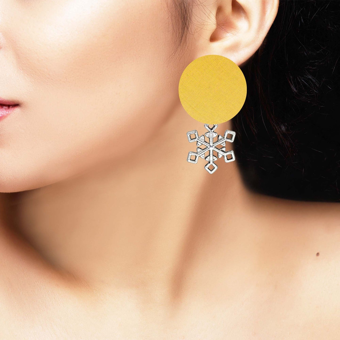 Handcrafted Sustainable Yellow Fabric Stud Earrings with Silver Snowflake Charm