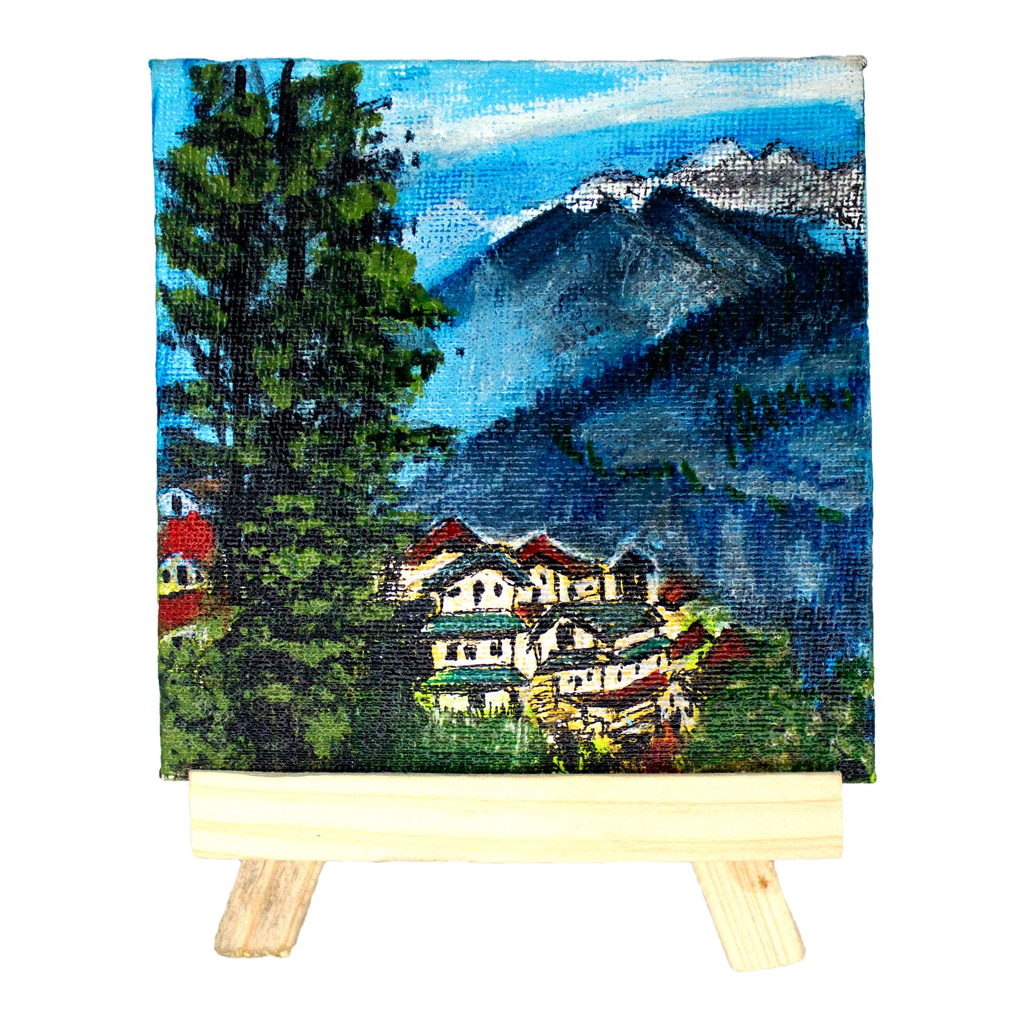 Original Handmade Scenery Mountain Painting Hand Painted On Canvas Frame 4*4 With Easel