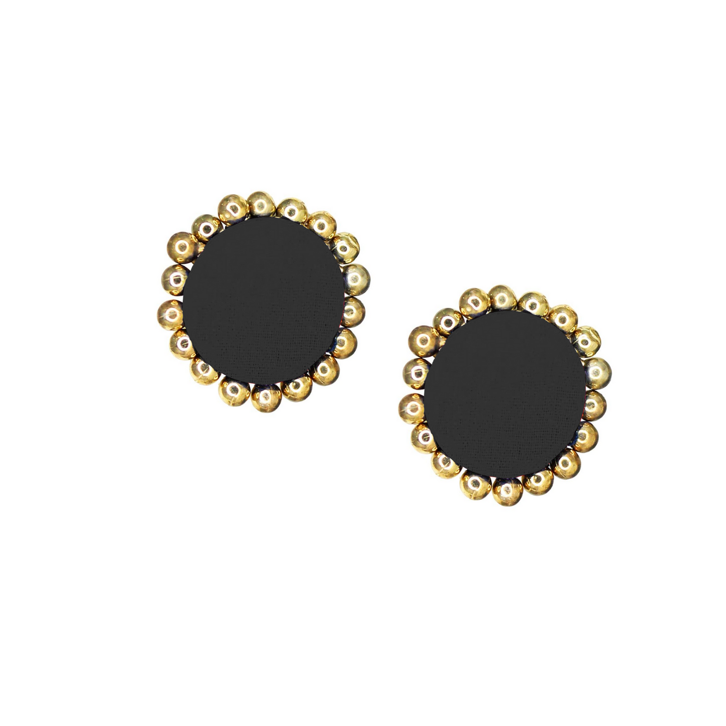 Black Handcrafted Fabric Stud Earrings with Golden Accents