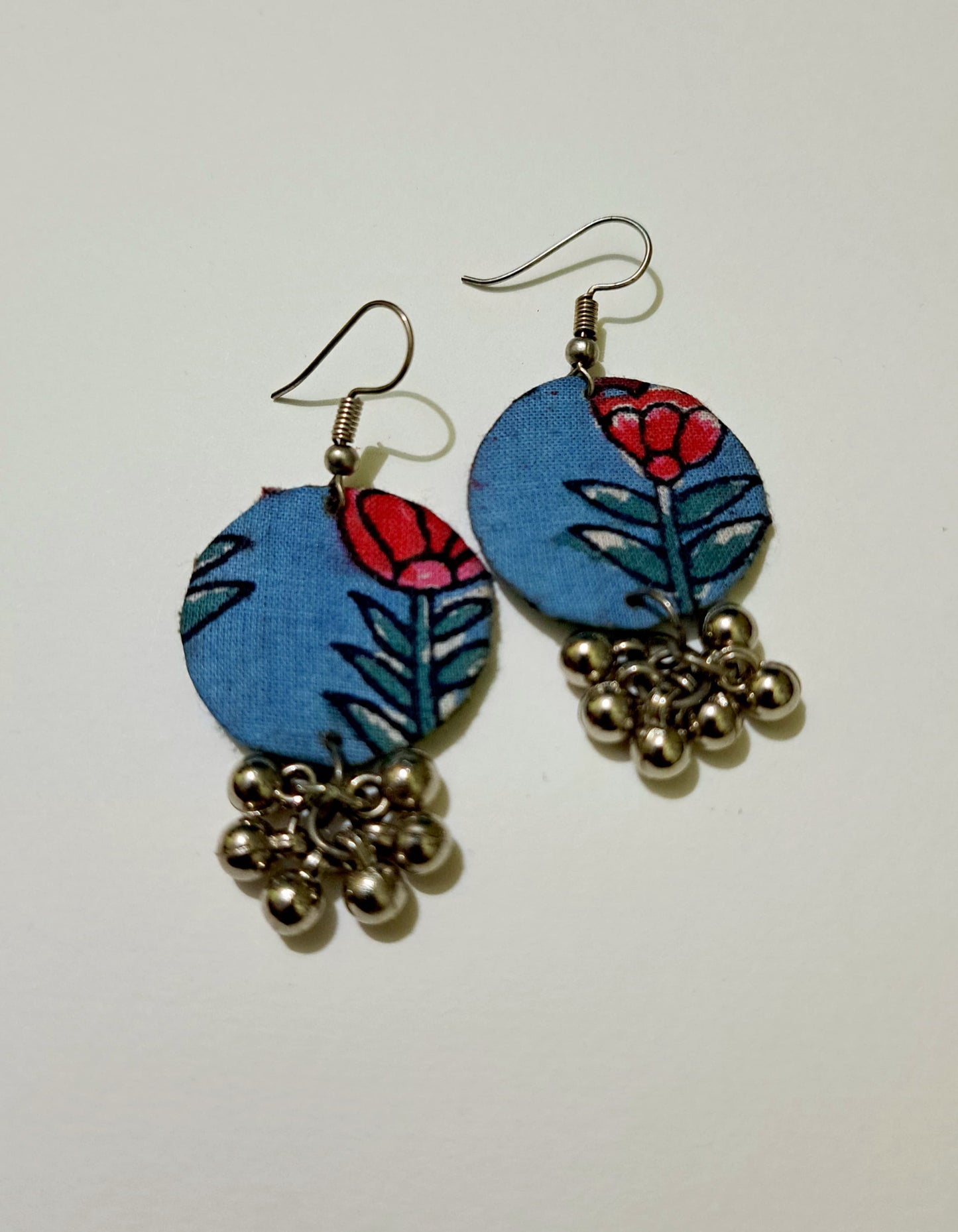 Handcrafted Blue Fabric Dangler Earrings with Silver Ghungroo Charm for Women