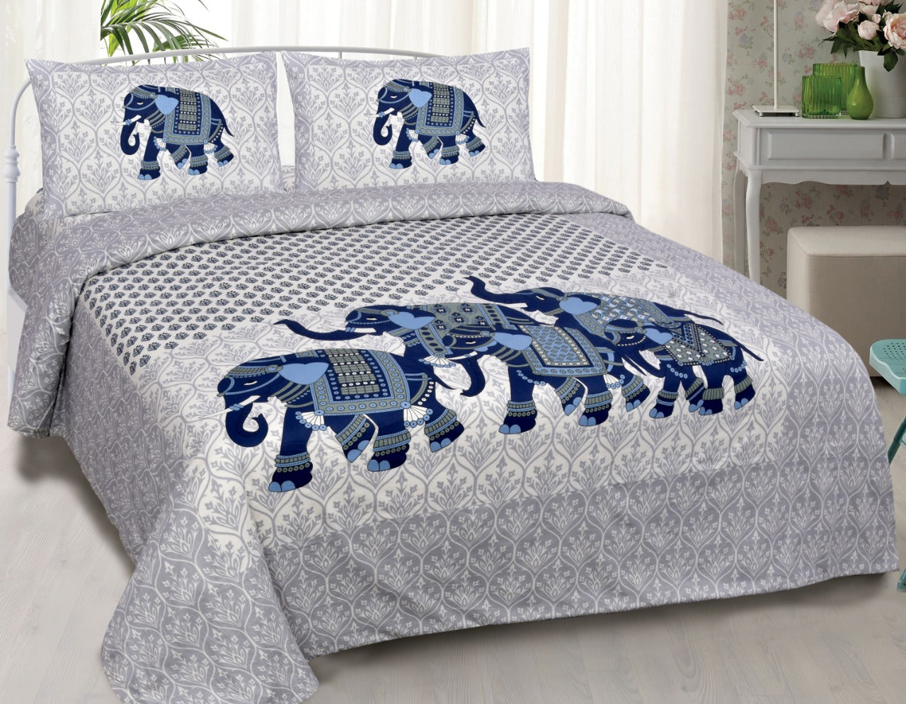 Organic Vibes Grey Hand Printed Elephant Design Bed Cover with Pillows