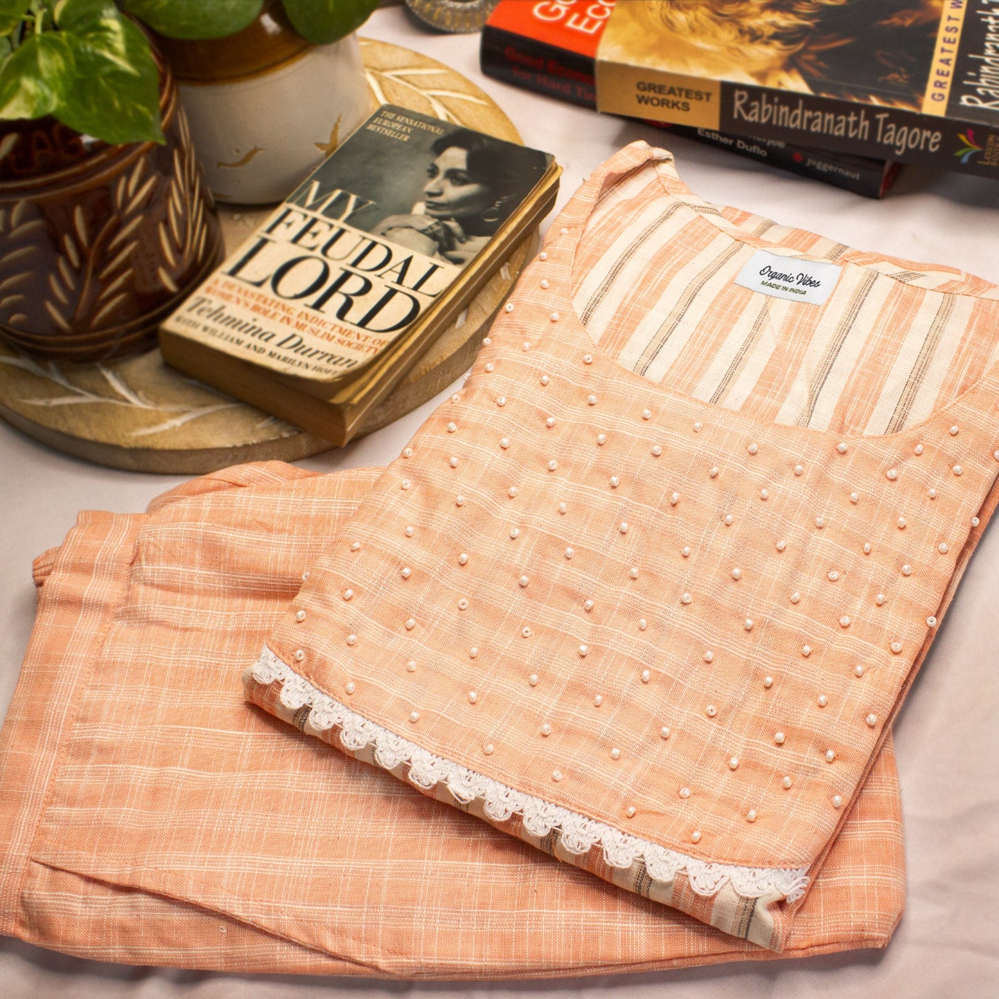 Organic Vibes Pink Regular Kurta Set Handwoven Natural Color Pure Cotton Striped