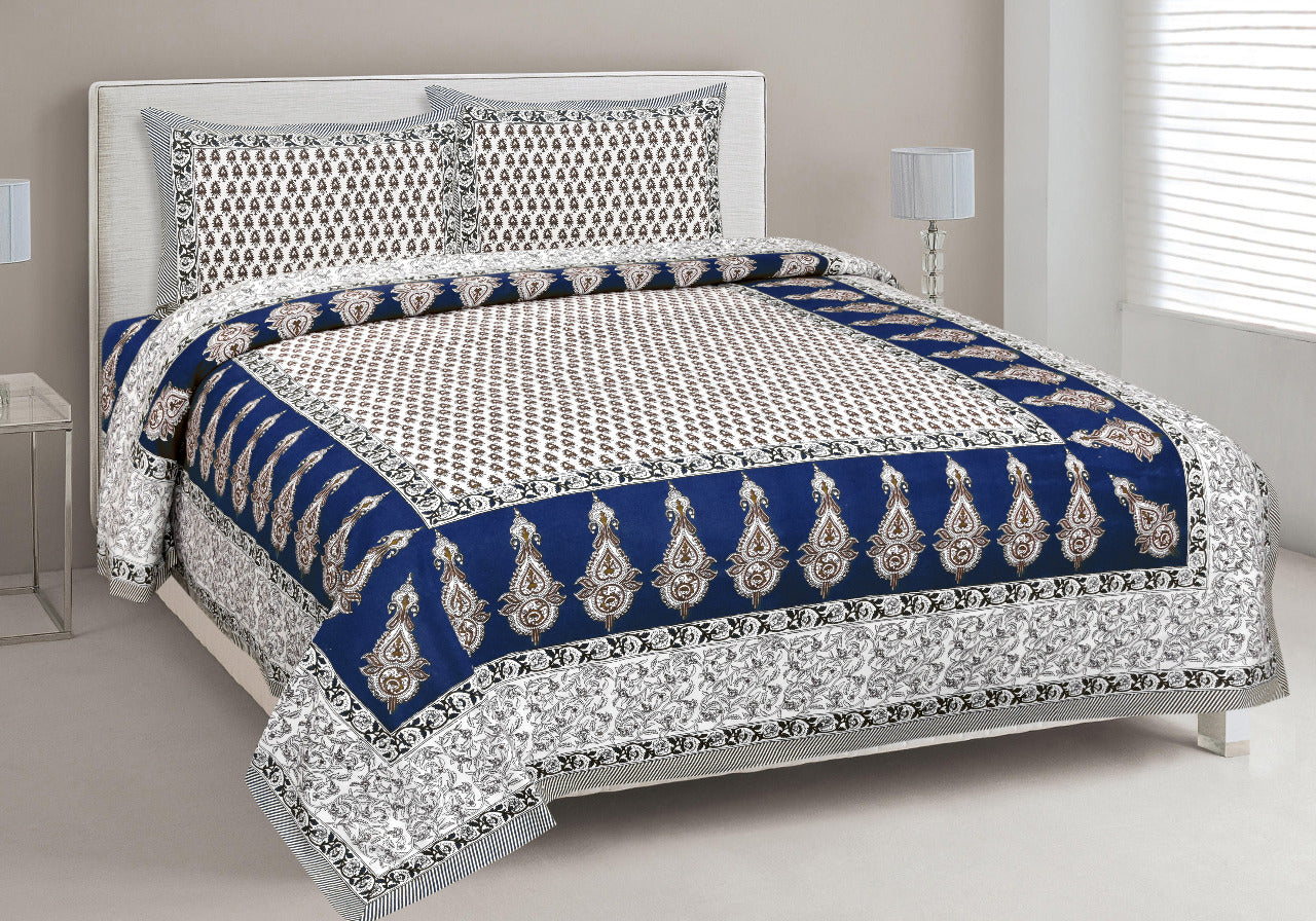 Organic Vibes Blue Block printed Motifs on White Bedsheet with Pillow cover