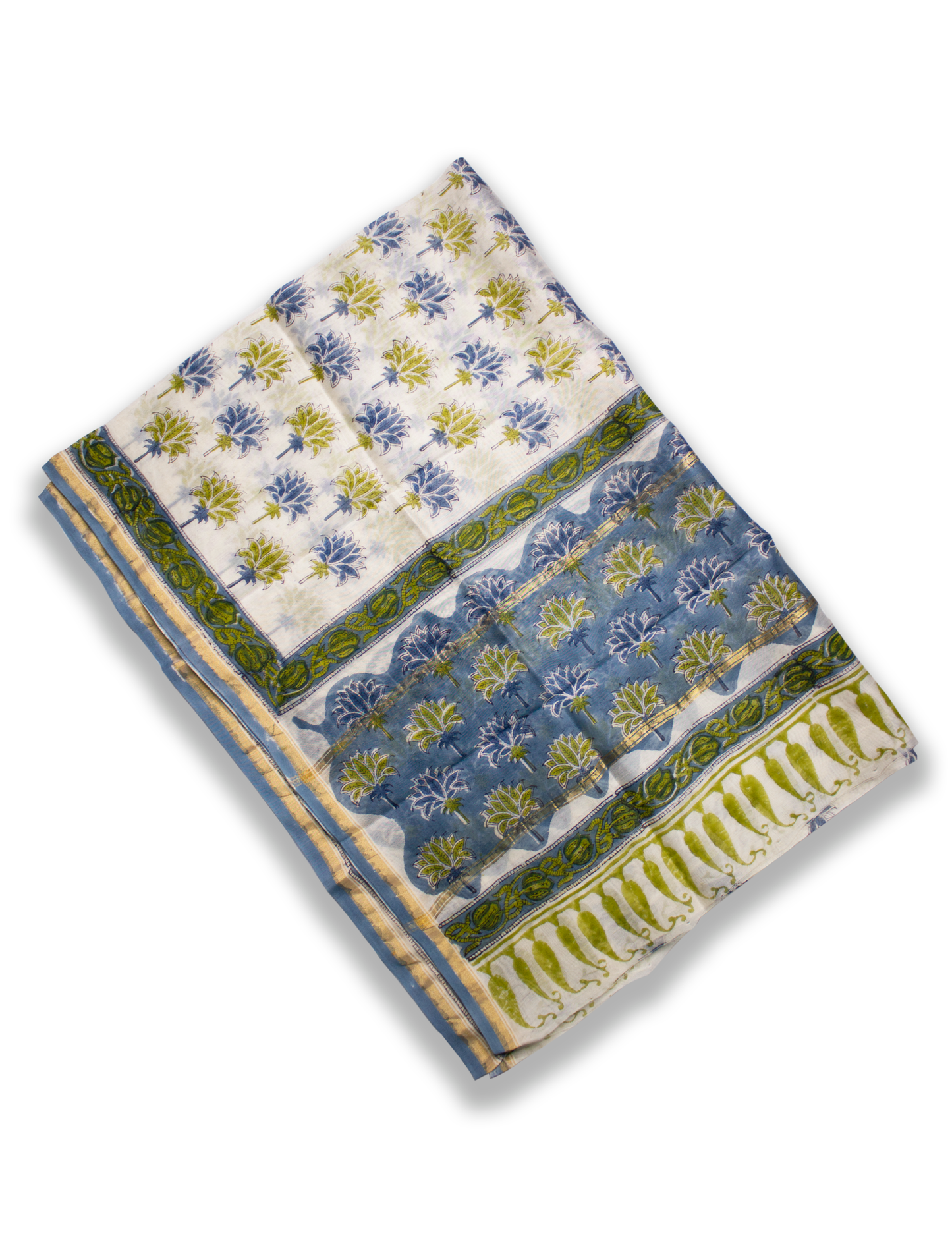 Organic Vibes Green Blue Floral Chanderi Silk Hand Block Printed Kurta Set Unstitched Fabric with Dupatta