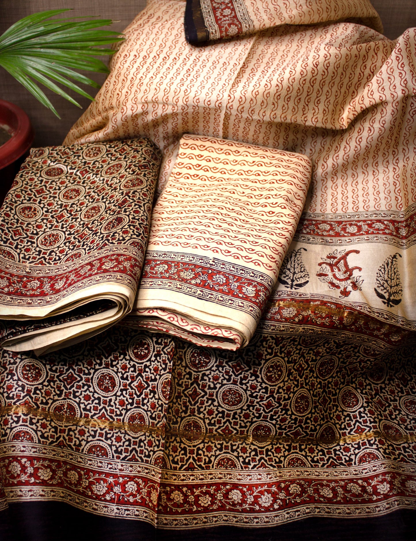 Organic Vibes White Orange Geometrical Chanderi Silk Hand Block Printed Kurta Set unstitched Fabric with Dupatta