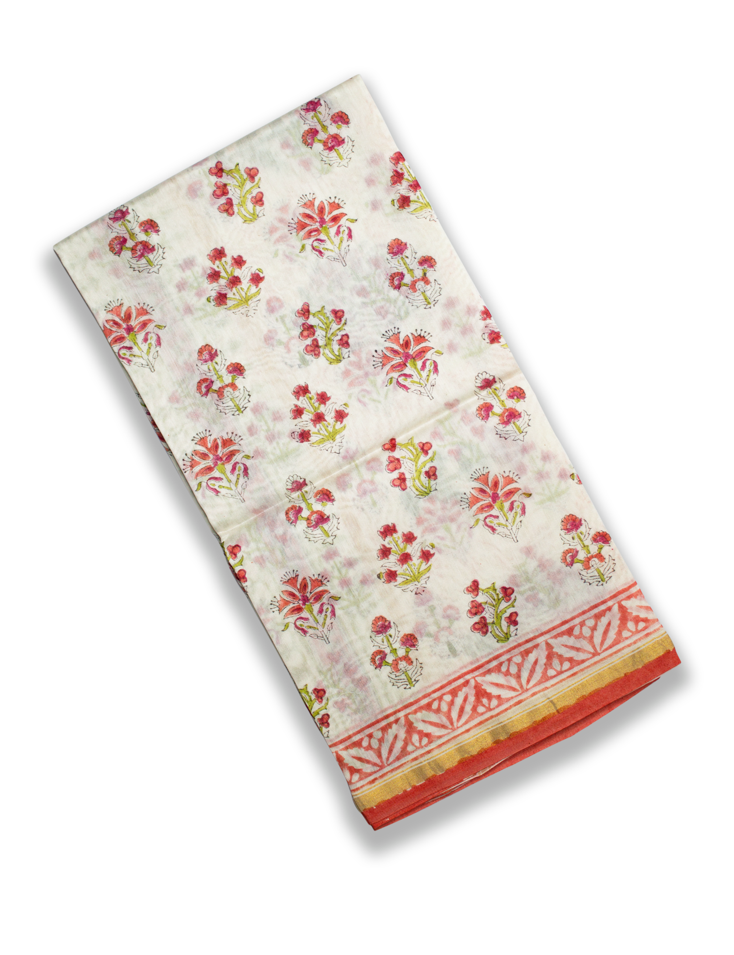 Organic Vibes White Red Floral Chanderi Silk Hand Block Printed Kurta Set unstitched Fabric with Dupatta