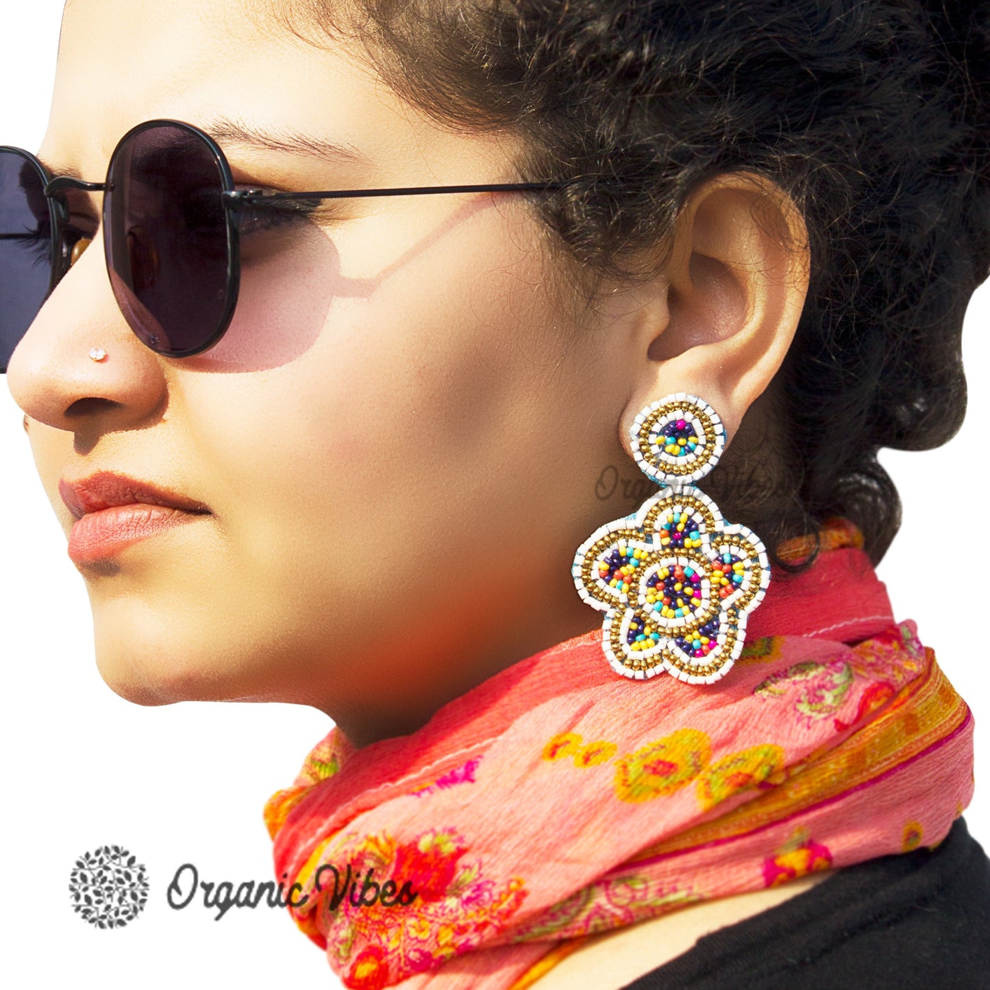 Organic Vibes Multi-color Hand-embroidered Upcycled Floral Beaded Fabric Earrings For Girls
