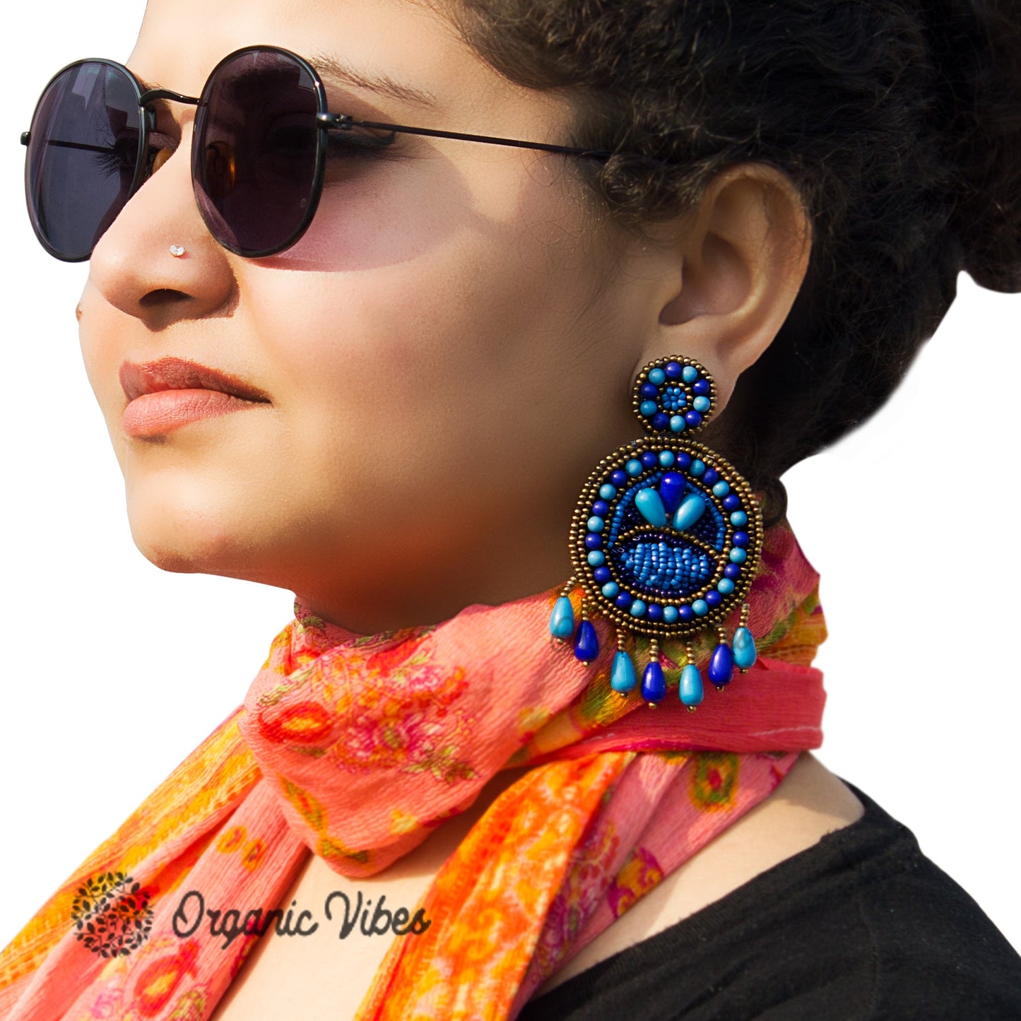 Organic Vibes Blue Hand Embroidered Beaded Upcycled Fabric Earrings For Girls