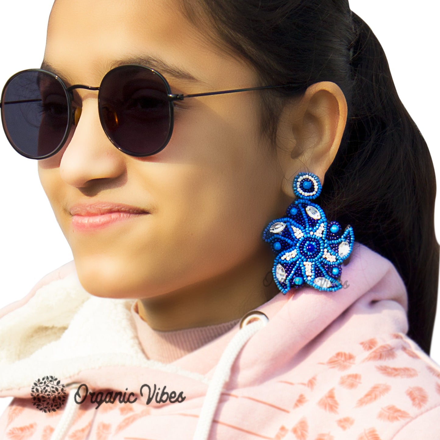 Abhinn Blue Hand-Embroidered Beaded Fabric Floral Dangler Earrings For Girls