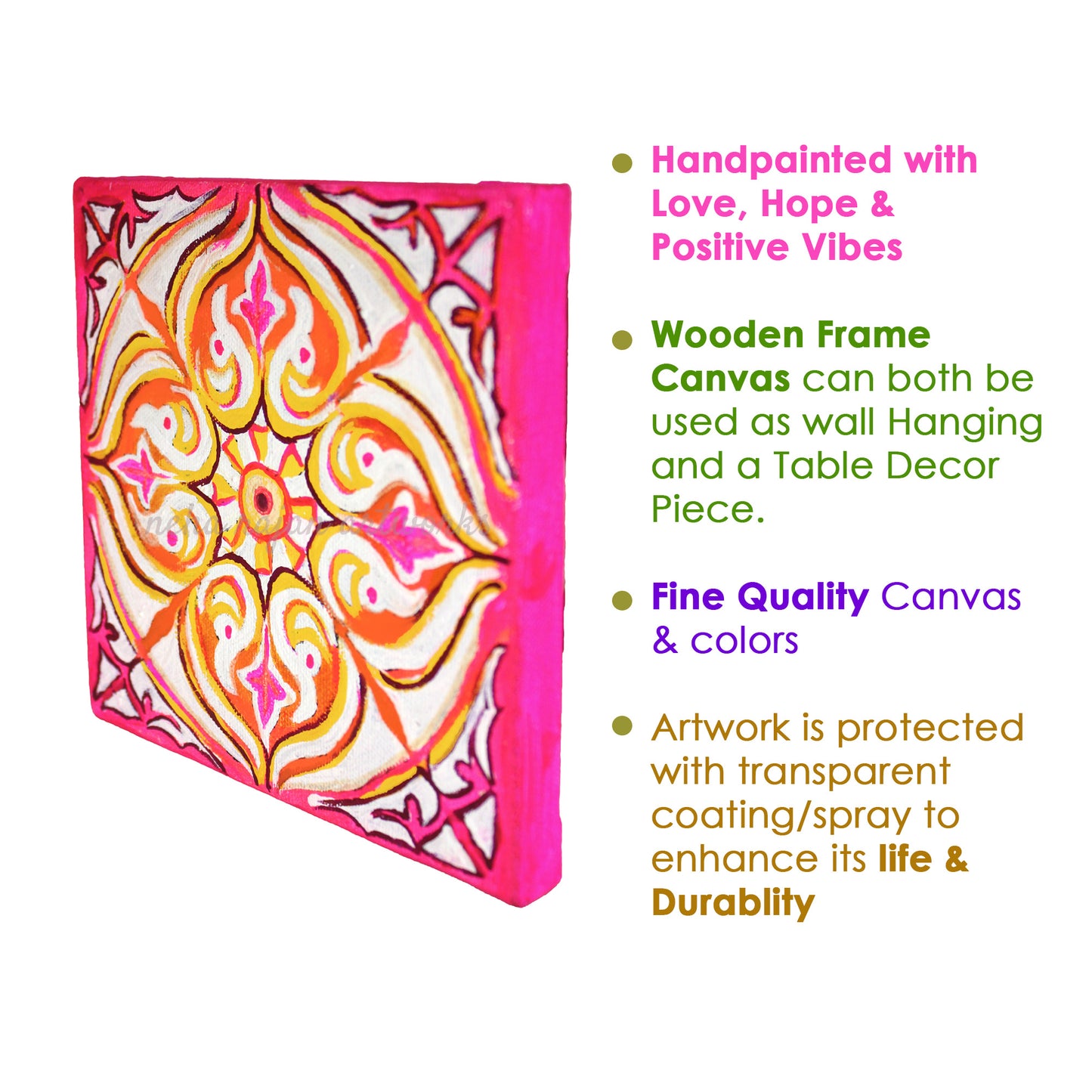 Neha Rajan Artworks Original Handmade Pink Rangoli Mandala Painting Hand Painted On Canvas Frame 6*6