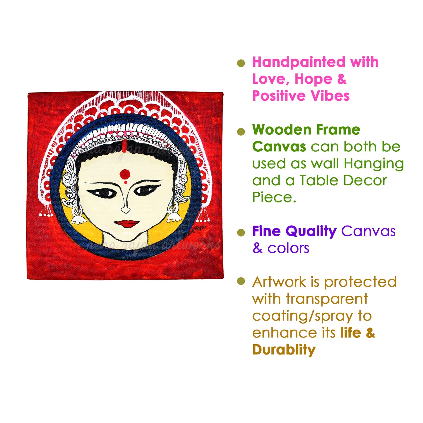 Neha Rajan Artworks Original Handmade Indian Bengali Bride Painting Hand Painted On Canvas Frame 6*6